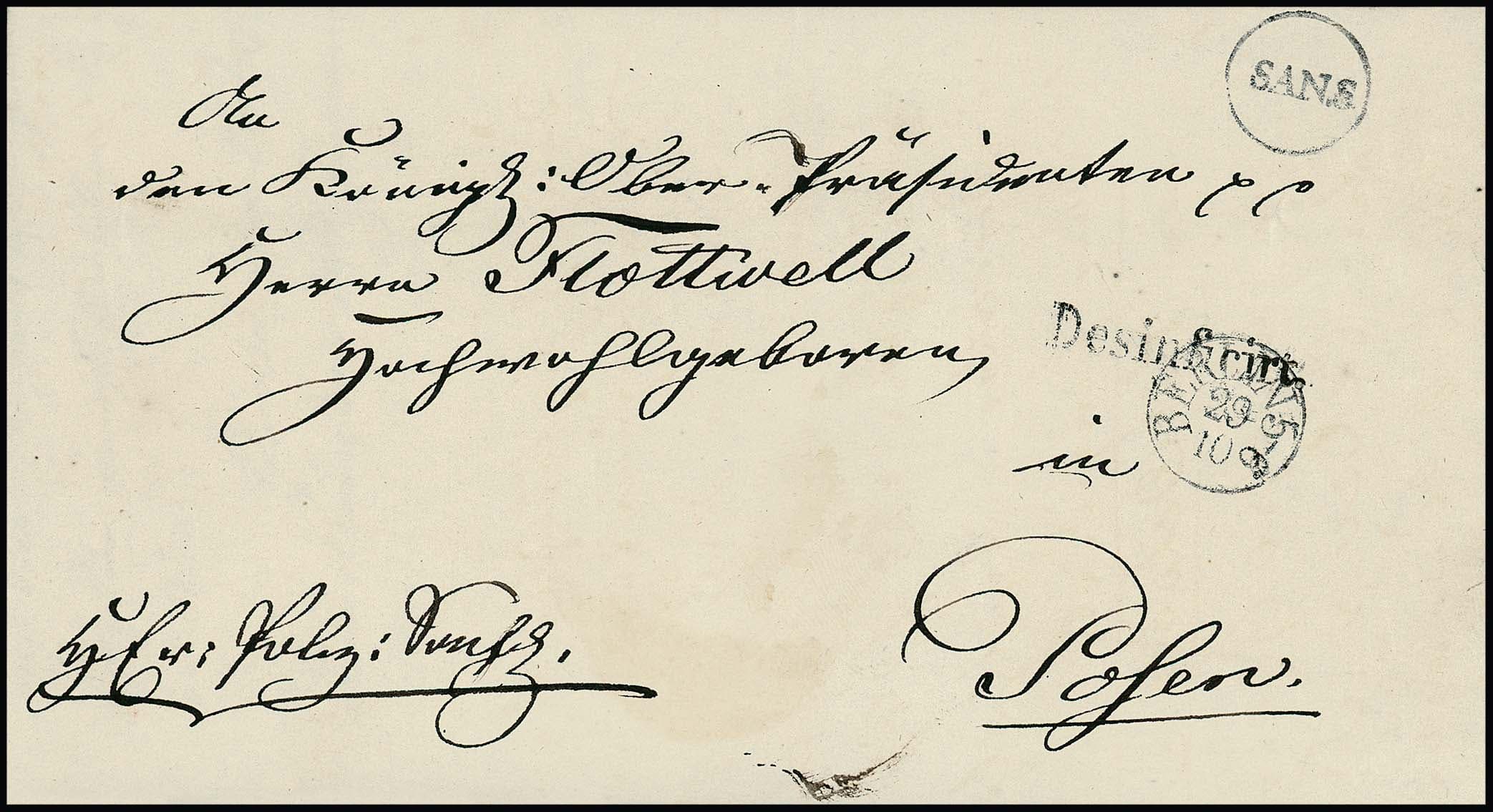 Los 33 - "Desinficirt", der seltene L1, nebst je K1 "SAN.S." und ì
Aufgabe-K1 von Berlin auf Brief mit Inhalt 1831 nach Posen