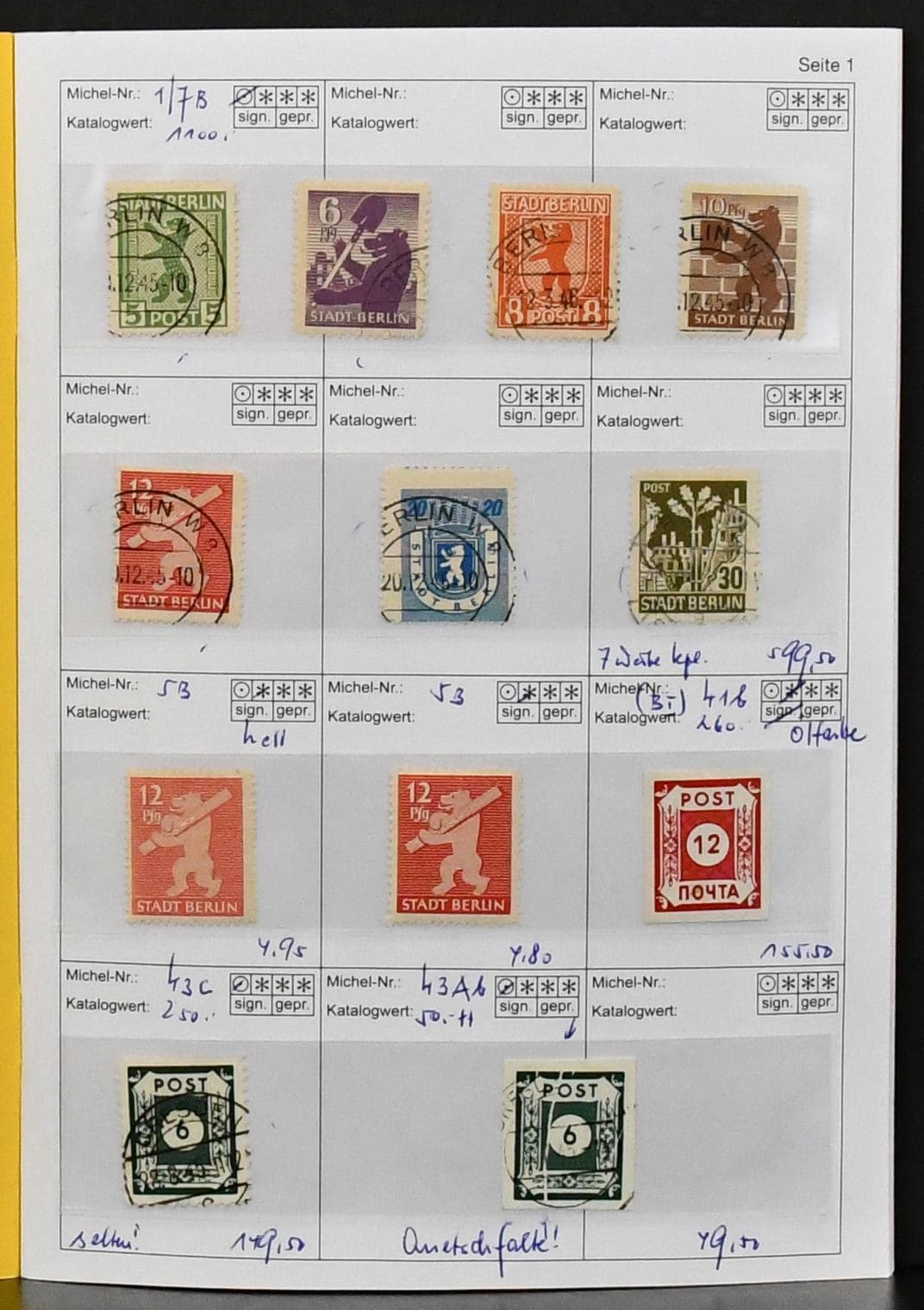 Los 7491 - SBZ, Händlerverkaufsheft (ohne Entnahmen) nur mit guten Ausgaben, also der "Essenz", ab gest. Nr. 1-7B, seltene "POTSCHTA" (BI), 43c gest., 47Hb gest., sign. Ströh (alleine Mi. 1200,-), 42-50DI, 51yII gest. (!), 72 Luxusbriefstück, 80X mit nicht prüfbarem Eckstempel, 120-23X, Bl. 2t gest. "Schmölln", Bl. 3A/B gest., WZd13/14 u. SZd5/6 auf R-Brief, 156-61Y gest., 117BX, 118Ay postfr., 150-55X mit zentr. "Leipzig"-Stempeln (wie diverse andere auch ungeprüft) etc. Bitte selber kalkulieren