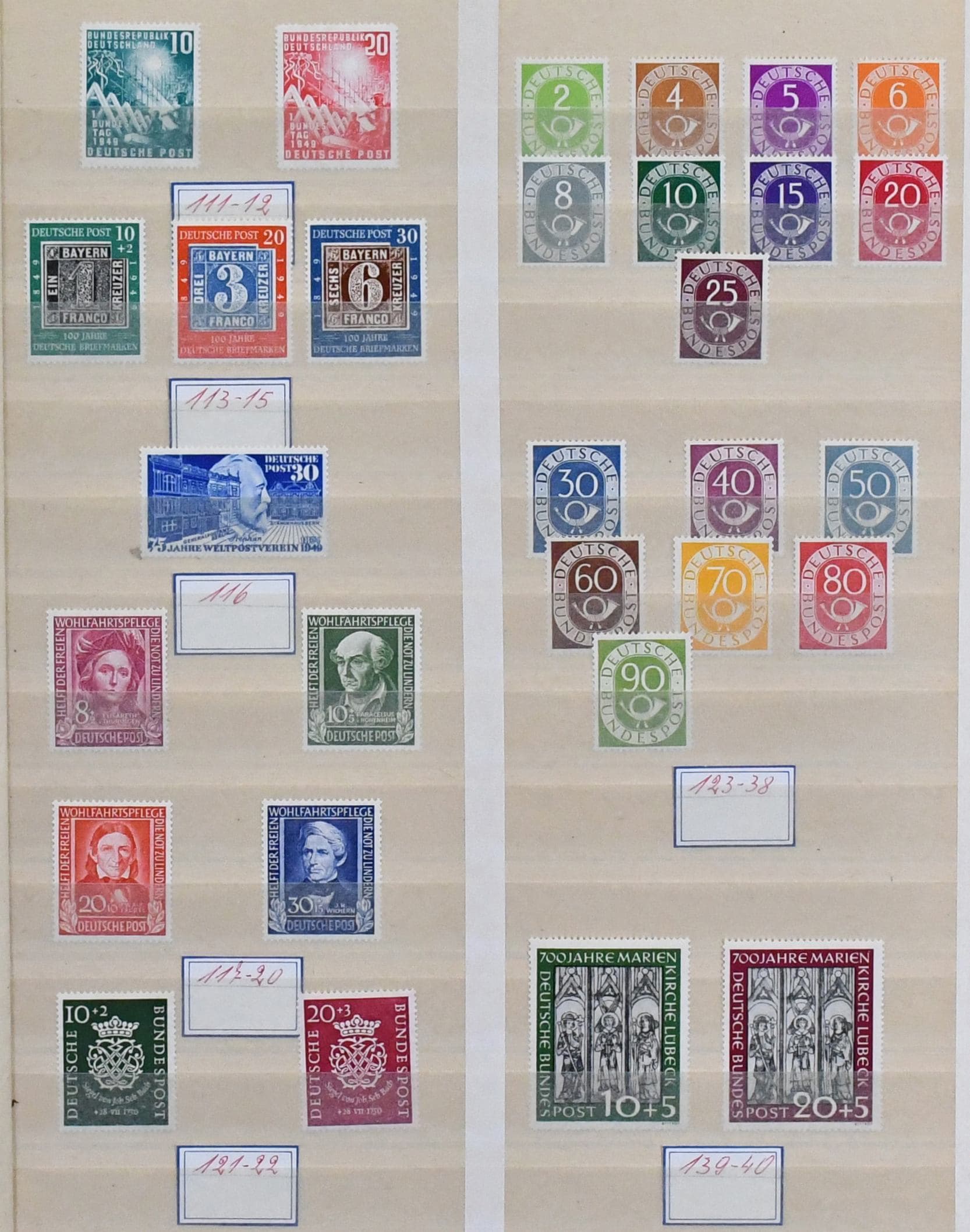 Los 7915 - Bund, 1949-1969, kpl. postfrische (einzelne Werte ungebr.) Sammlung im Steckbuch, ab Bundestag, mit Nr. 113/15, 116/20, Posthorn kpl., 139/40, 141/42, allen Wohlfahrtsausgaben, Heuss usw. Mi. 5000,-