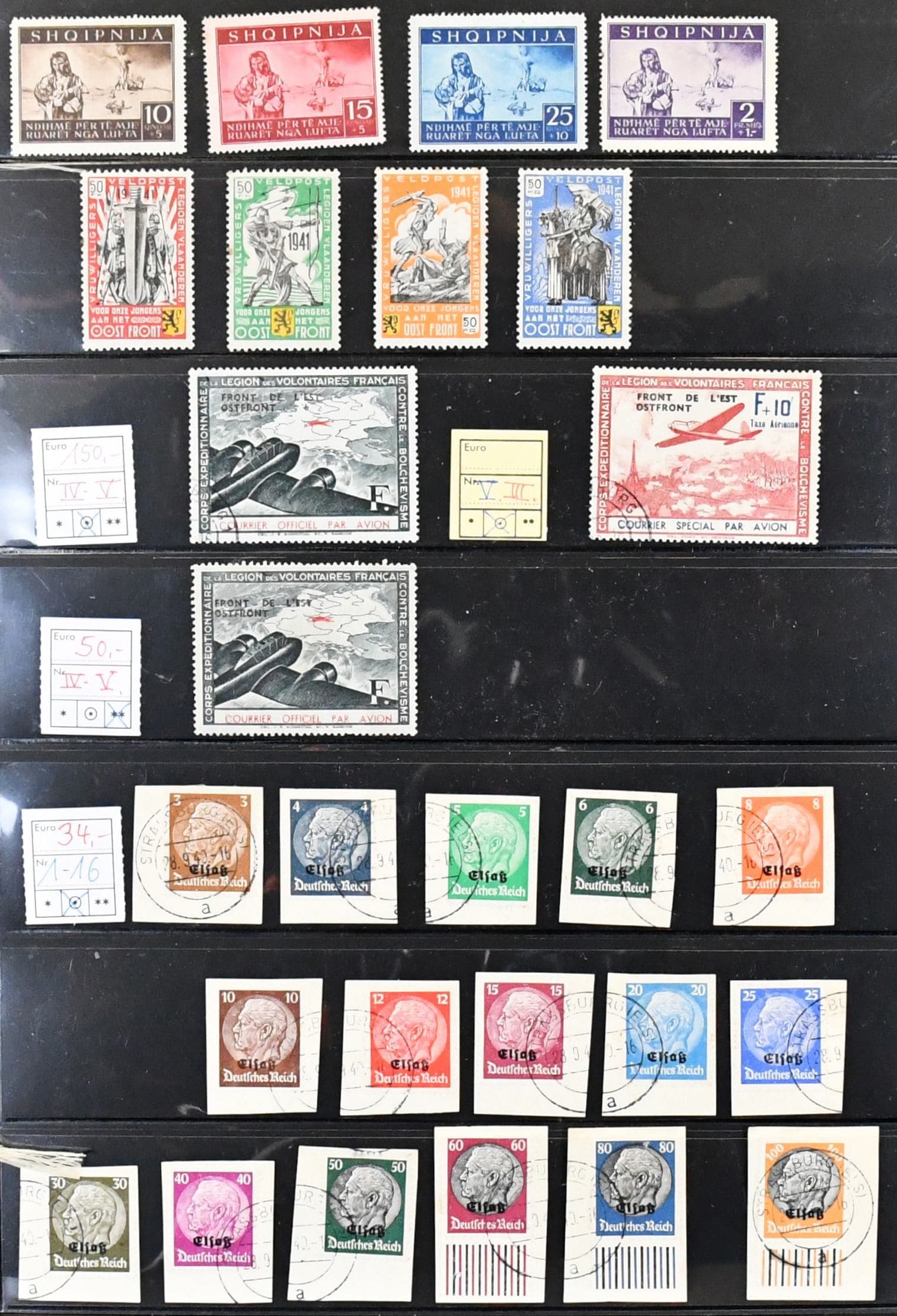 Los 5558 - Deutsche Bes. II. Wk., Sammlung vieler versch. Gebiete, teils in untersch. Erhaltung. Dabei Belgien Nr. I/IV, Elsaß zweimal gest. kpl., Estland Nr. 1/9 gest., Pernau Nr. 1/10II inkl. Nr. 3IIA, weitere Nr. 5 u. 8 mit PF II, Kotor Nr. 7/10 gest., Laibach Nr. 7Z sauber ungebr. (Mi. 3000,-), etliche gest. teure, jedoch ungeprüfte Werte, Lothringen postfr. und gest. kpl. etc.