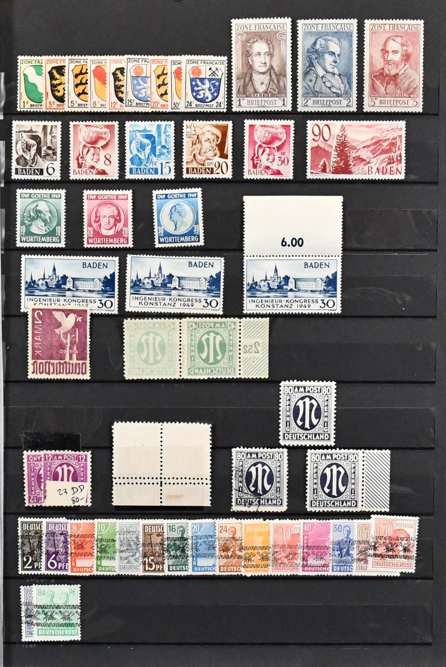 Los 5598 - Westzonen, Zusammenstellung besserer Ausgaben, u.a. mit Baden Nr. 37, dreimal Nr. 46, Bizone zweimal Nr. 23 mit Doppeldruck, dreimal Nr. 34, davon einmal gest. (Mi. 300,-), 101/102 vielfach, Bl. 1 usw.