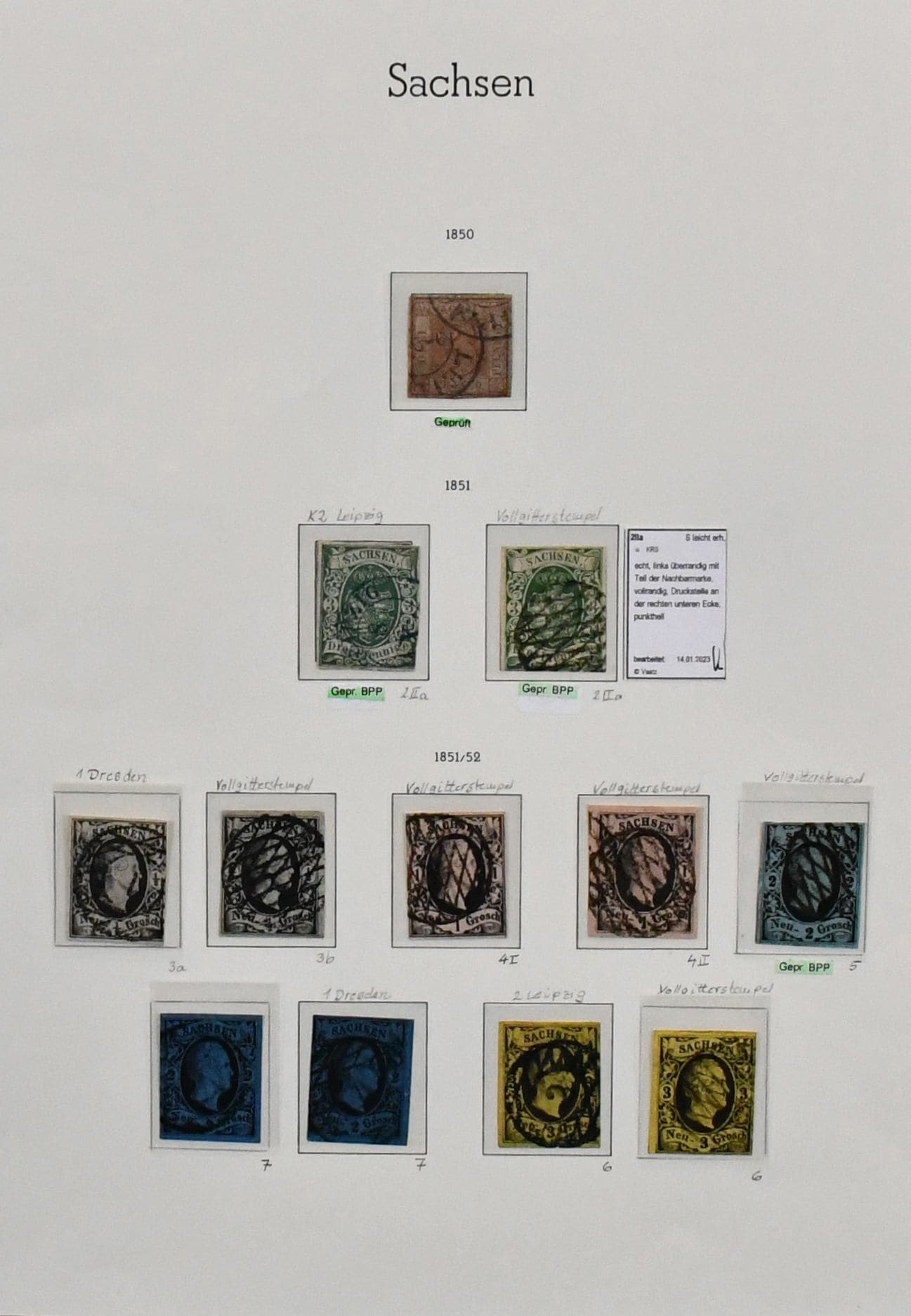 Los 6688 - Sachsen, kpl. gestempelte Slg. auf Vordrucken, dabei reparierte Nr. 1 (Attest Pfenninger), zweimal Nr. 2, 13 etc.