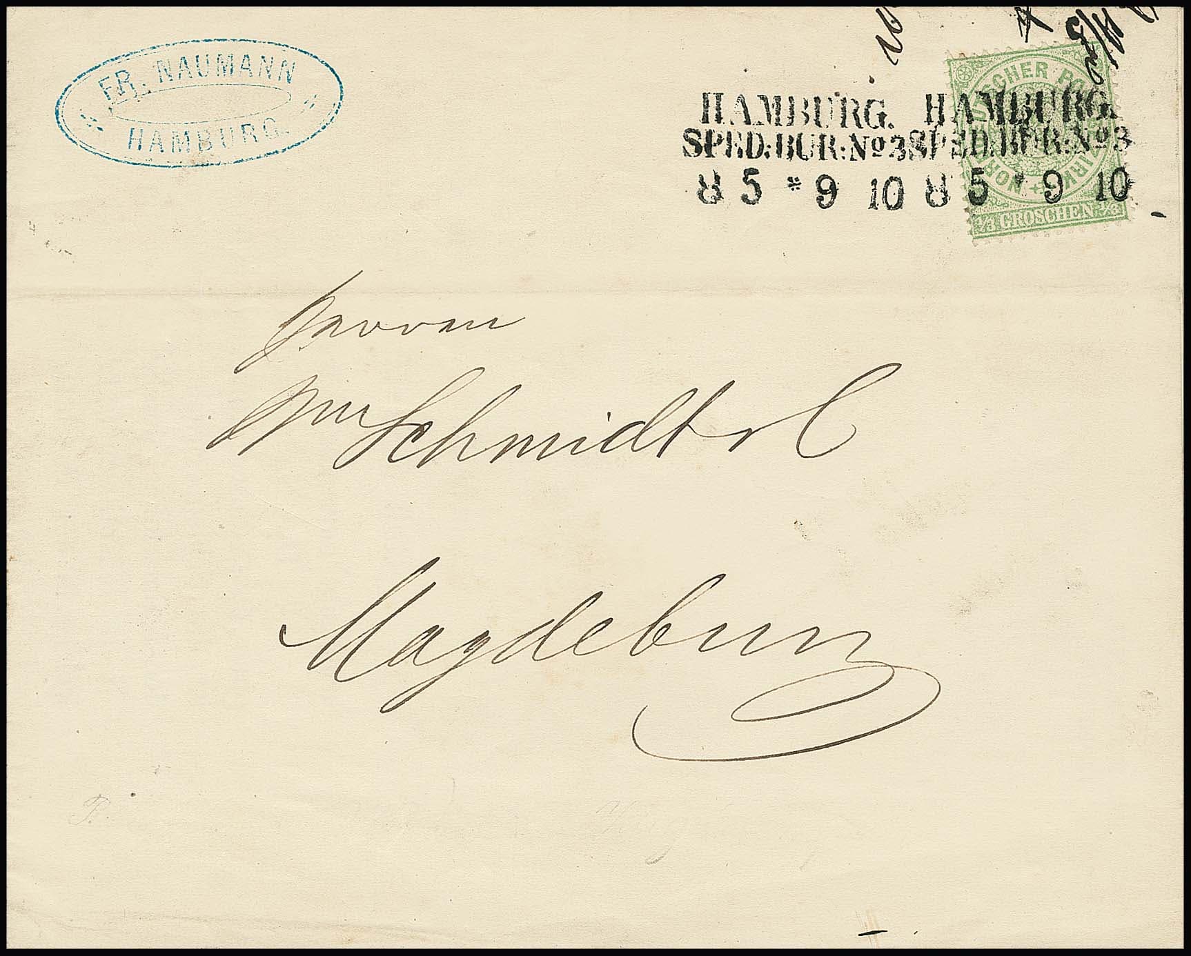 Los 912 - "Hamburg Sped. Bur. No. 3", Bahnpost-L3 (v. 8.5.1869) als Entwertung auf Drucksache (Gebrauchserhaltung) mit NDP 1/3 Gr. grün. Es handelt sich lt. von Garnier um den einzigen bekannten Abschlag dieses Stempels auf NDP