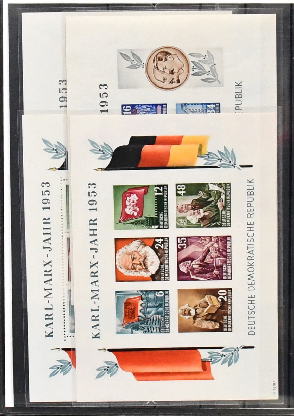 Los 7628 - DDR, Ringbinder mit ausschließlich besseren Ausgaben, alle sorgfältig beschriftet, dabei Nr. 256-59 und 261-70 als Luxusbriefstück-Serien, 284-88 zweimal postfr. (!), alle vier Marx-Bl. postfrisch, 243-44 in postfr. ER-VB re. unten mit DZ, SPI DV, SP2 alle vier Ecken je in Paaren (2) inkl. DV, 901-4 Zus.-Dr. mit DV, 1039-44 Zus.-Dr. mit DV, 1343-45U im Streifen, alle Zus.-Dr. ex Meißner Porzellan, 1169PU(2), Dienst A Nr. 1-17 postfr. (2), PF Nr. 10, MH 1a1(3), 1b1 etc.