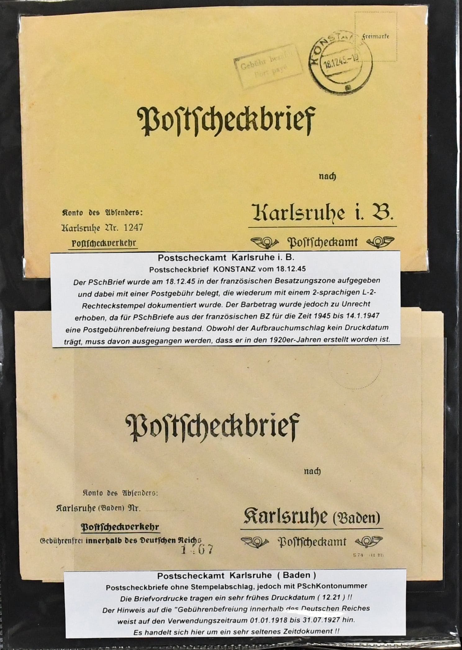Los 5593 - Alliierte Besetzung, Postscheckbriefe, Slg. von 19 Belegen von seltenen Postscheck-Ämtern, Karlsruhe (17!), Stuttgart und Frankfurt