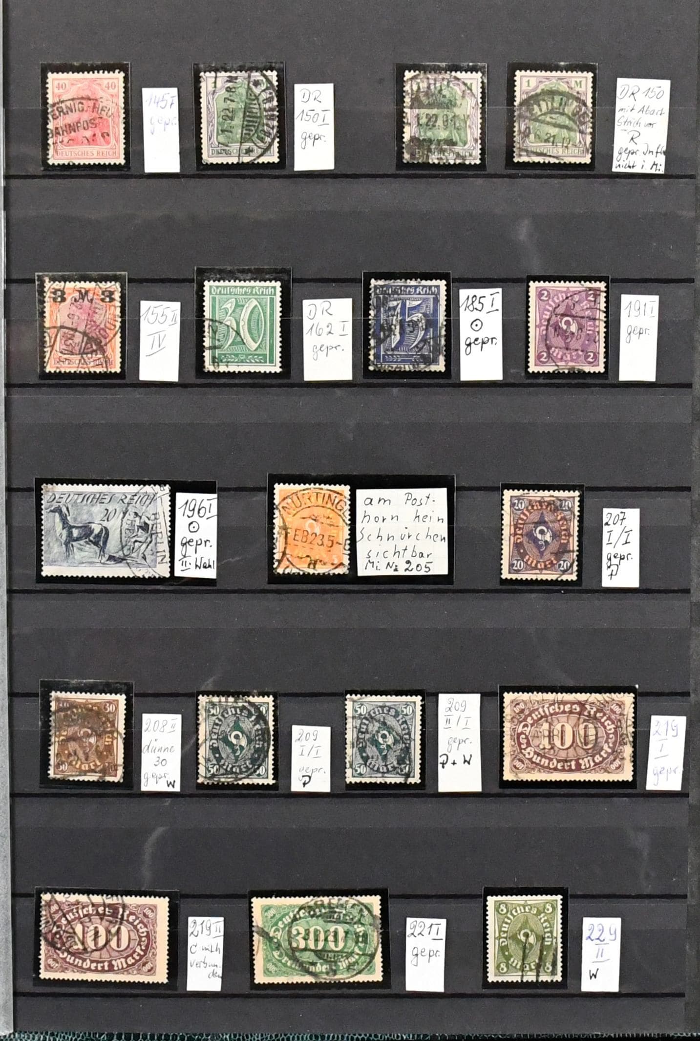 Los 6983 - Infla, hochwertige, meist gest. Partie nur Plattenfehler und Besonderheiten auf alten Albumseiten, fast alles geprüft, mit vielen guten Werten wie Nr. 145bII, 185 PF I, 196I (dopp. sign. Peschl), 241y, 248I, 256 PF I, 259AFVII, 270 PF I, 278AFI, 296III, 309APaY, 319AWb (Fotoattest Kowollik, Mi. 2200,-) usw. Mi. 8000,-