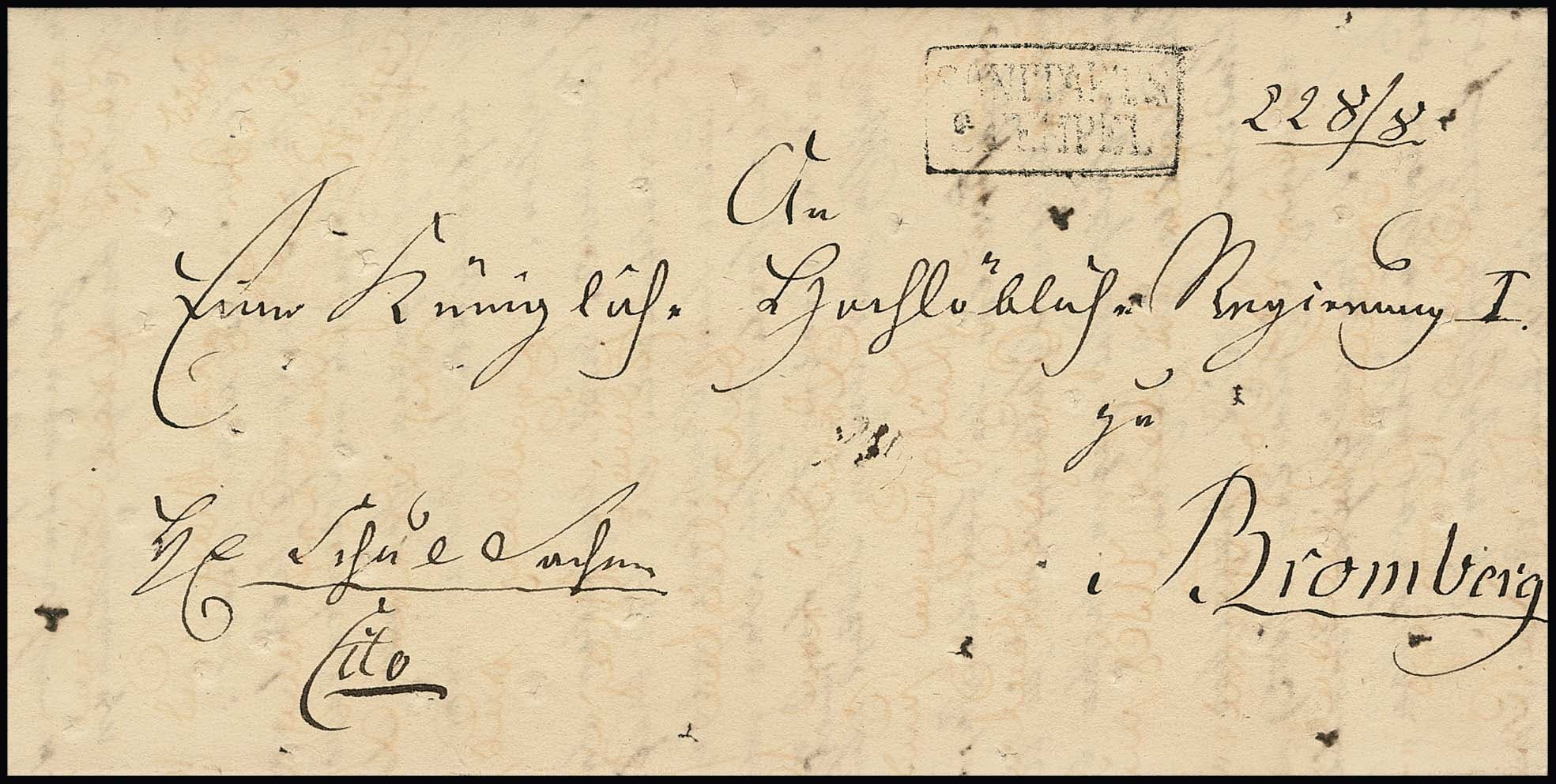 Los 37 - "SANITAETS-STEMPEL", 1831, bei Feuser unbekannter seltener Ra2 auf Brief mit Inhalt von Posen nach Bromberg, ohne weiteren Aufgabestempel