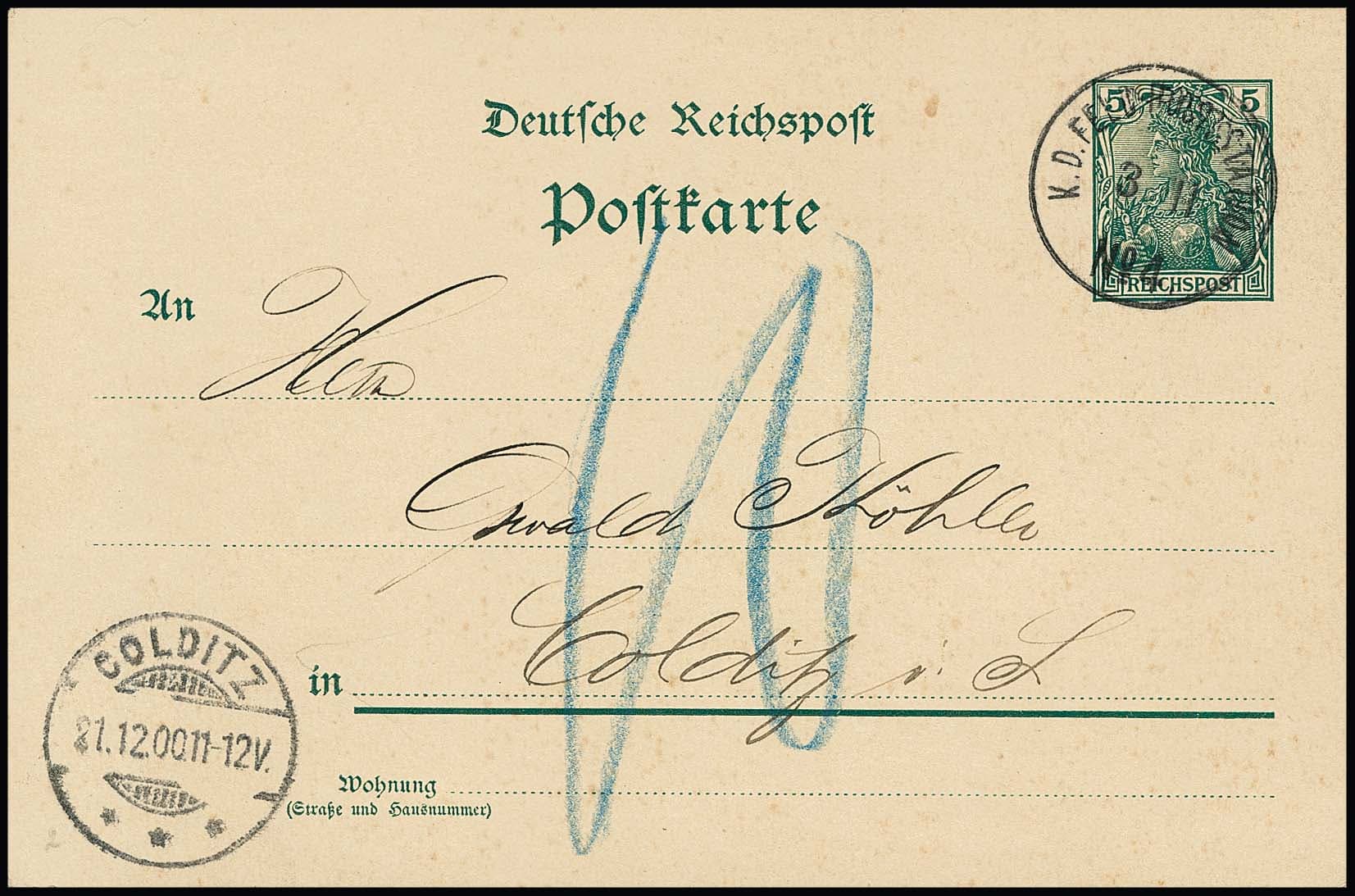 Los 2932 - Petschili-Aushilfs-Ausgaben während des Boxer-Aufstandes, Deutsches Reich Germania-Reichspost-Ganzsachenkarte 5 Pfg. mit K1 "K.D. Feldpoststation No. 4" (Tongku), 3.11.1900, als phil. Postkarte nach Colditz, unterfrankiert und mit Nachporto belegt, seltene Karte ohne Zusatzfrankatur! Mi. 1100,- +