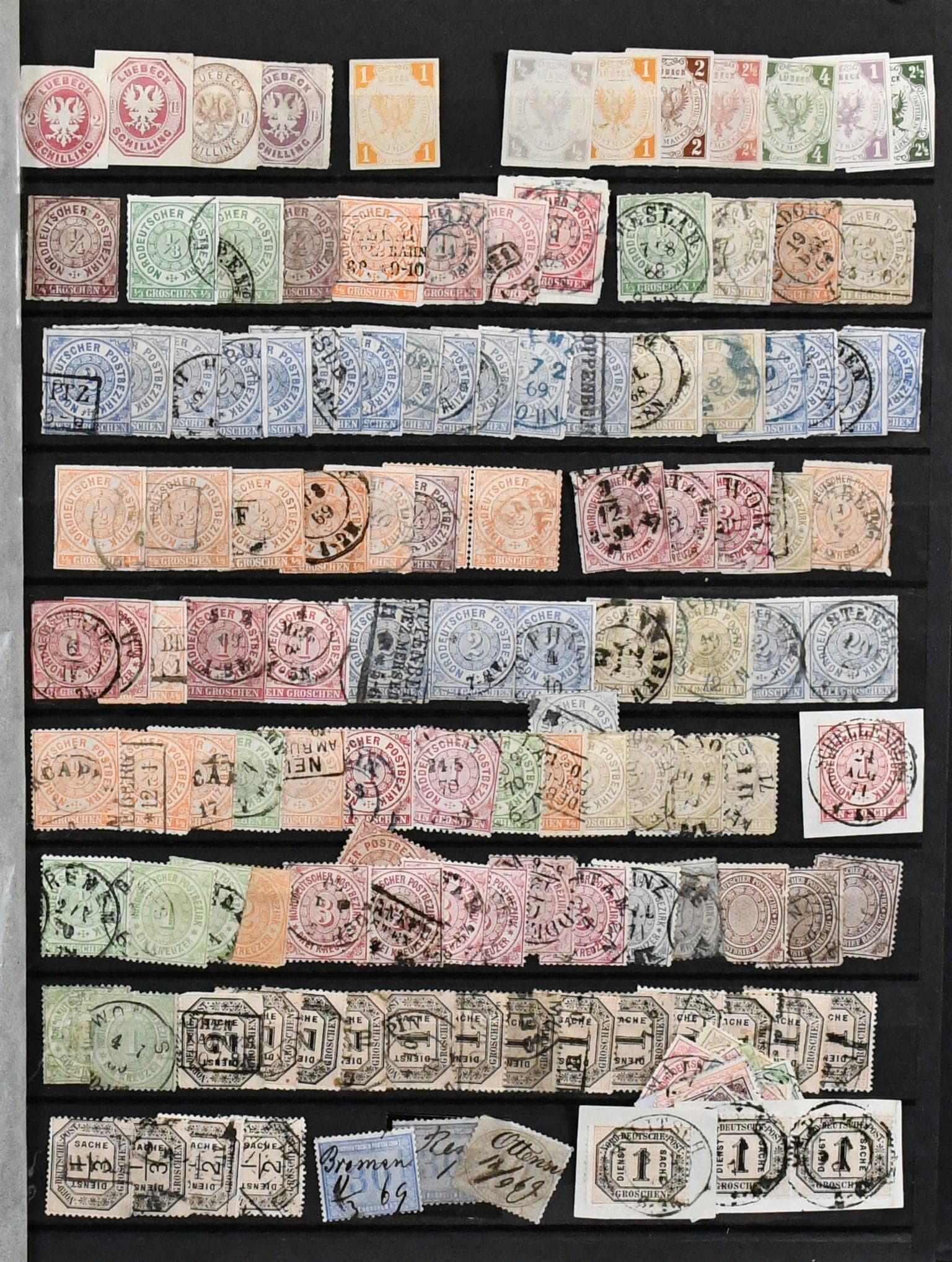 Los 6512 - Altdeutschland, interessanter Fundus mit viel Preußen gestempelt ab Nr. 1 (8 inkl. seltenen NS "56" und "1840"), Nr. 2(10), 3 (13 inkl. Briefstück mit Orts-K1 "Potsdam"), 4(14), vielen weiteren Kopfmarken inkl. Nr. 7/8, rund 50 Wappen-Werten inkl. Nr. 22 (Paar) und 23(2), sowie über 120 NDP-Werten, dabei Paar Nr. 15 mit alleiniger Entwertung durch roten Franko-K1 von Bremen, Nr. 11, 25, 26(2) usw.