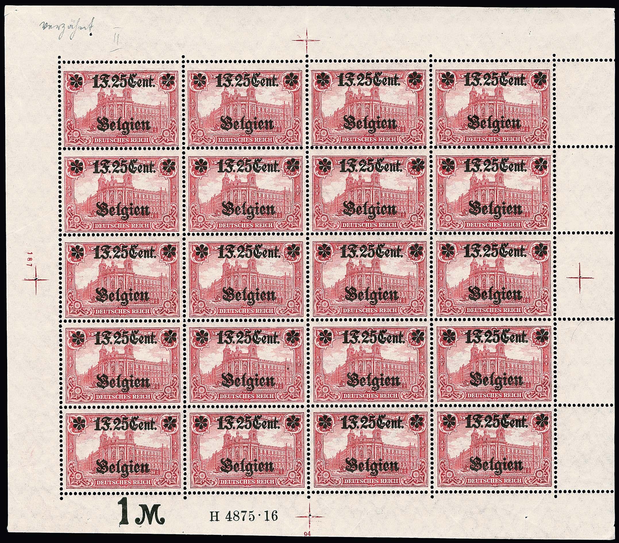 Los 3147 - 1 Fr. 25 C. a. 1 Mk., Type II, im kpl. postfrischen Bogen (leichte Vorfaltung und nur im Rand geringe Haftspuren bzw. etwas angetrennt) mit HAN "4875.16" und Pl.-Nr. "94" unten bzw. "187" links, zudem markante Verzähnung. Mi. lose Einzelmarken 1000,- + Ränder, HAN etc.
