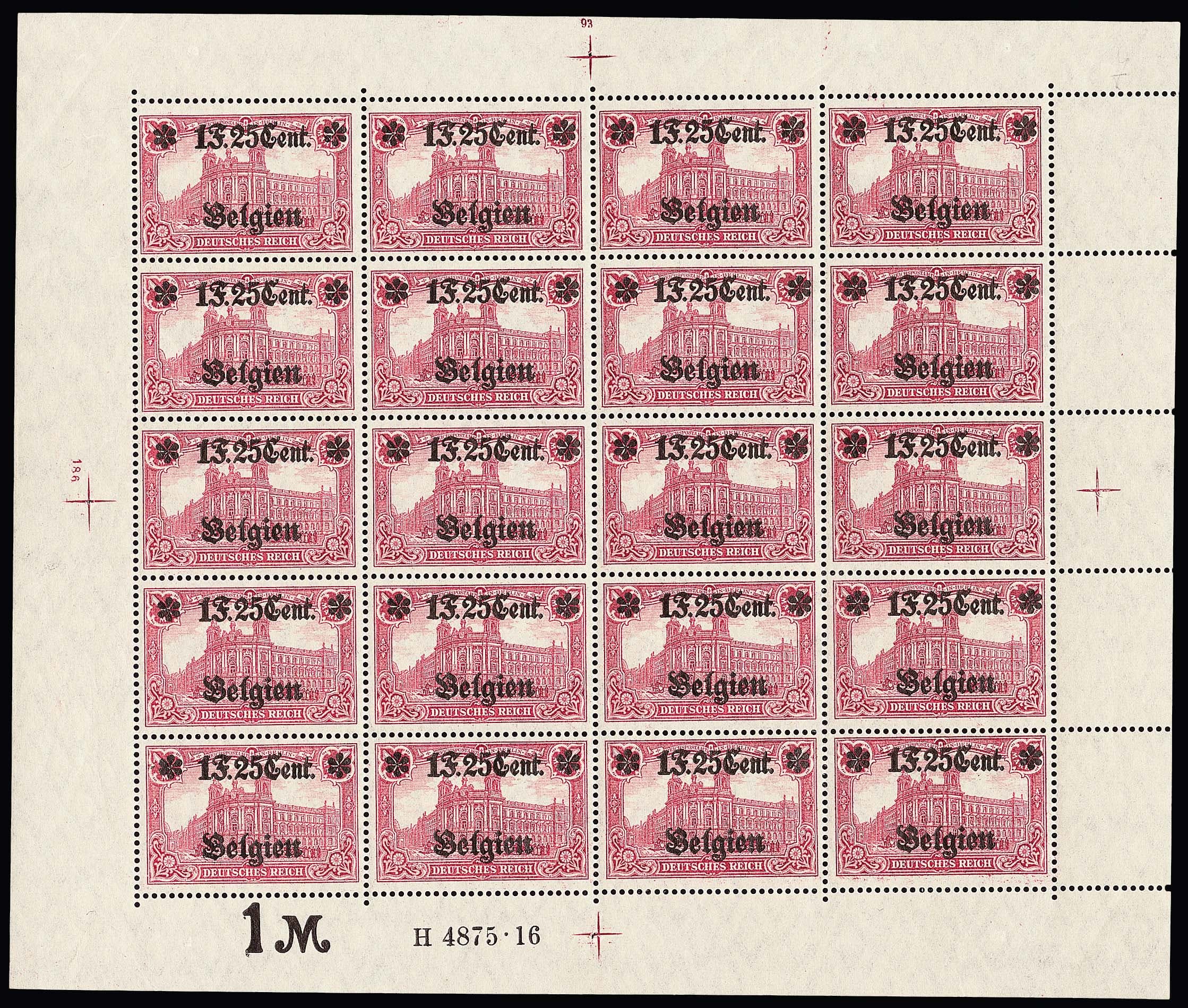Los 3146 - 1 Fr. 25 C. a. 1 Mk., Type II, im kpl. postfrischen Bogen mit HAN "4575.16" und Pl.-Nr. "93" oben bzw. "186" links. Mi. lose 1000,- +