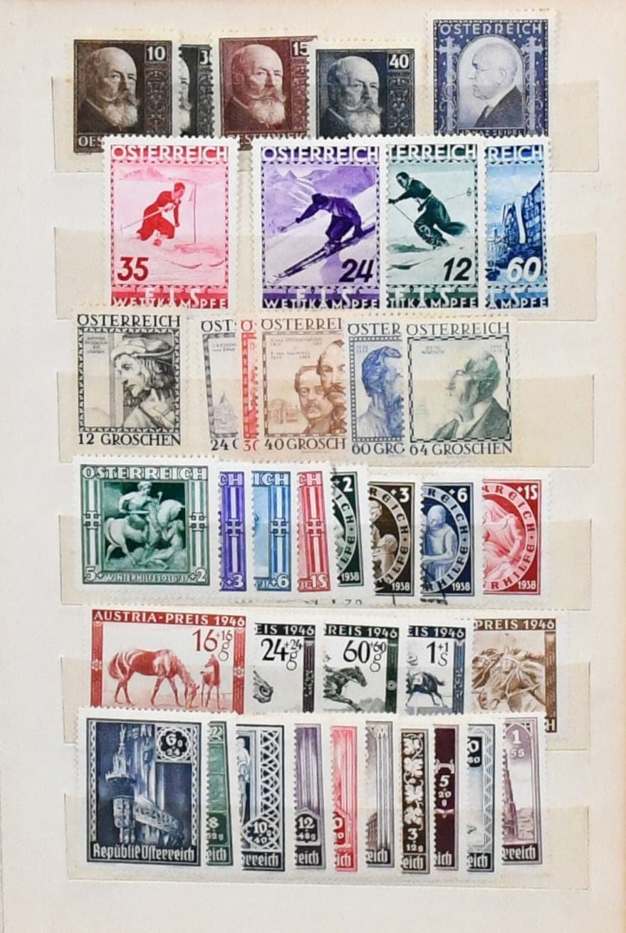 Los 6061 - Westeuropa, uriger kl. Sammlungsbestand im Steckbuch mit Beständen der Alpenstaaten in allen Erhaltungen, insbesondere Österreich gut besetzt ab Klassik, mit Kreuzern wie Nr. 11/12, Doppeladler Nr. 24/28, 1. Republik mit 20er/30er Jahren, u.a. Nr. 33/41, 494/97, 512/17, FIS 1933 u. 1936, Rotary 1931, Dichter 1931, Nr. 591/96, Winterhilfen, auch nach '45 mit besseren, dazu Schweiz mit Bl. 2(2), 12 etc.