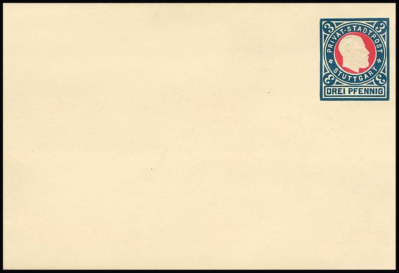 Los 2918 - Stuttgart, Ganzsachen König Karl 3 Pfg. blau/rot, zwei Faltbrief-Essays in versch. Formaten, es sind nur rund ein Dutzend dieser Essays bekannt, Jaedicke 800,-