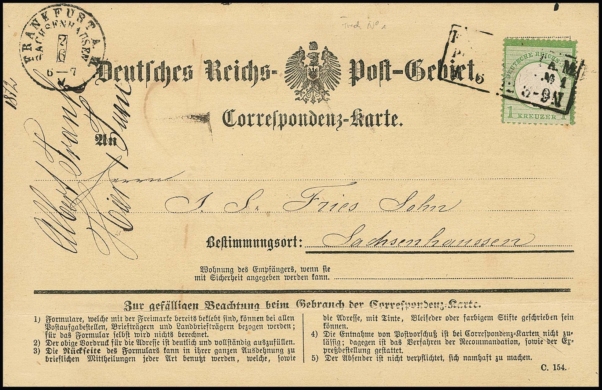 Los 2304 - 1/2 Gr. ziegelrot einzeln auf Orts-Correspondenzkarte (re. oben Fehlstelle) aus Leipzig, 26.6.72, moderierte Rate (statt normal 1 Gr.) bei Auflieferung von mind. 60 Sendungen, erst ab 1.7. galt das reduzierte Porto, sehr seltene Rate, dazu 1 Kr. grün auf Orts-Correspondenzkarte aus Frankfurt vom 2.6.72