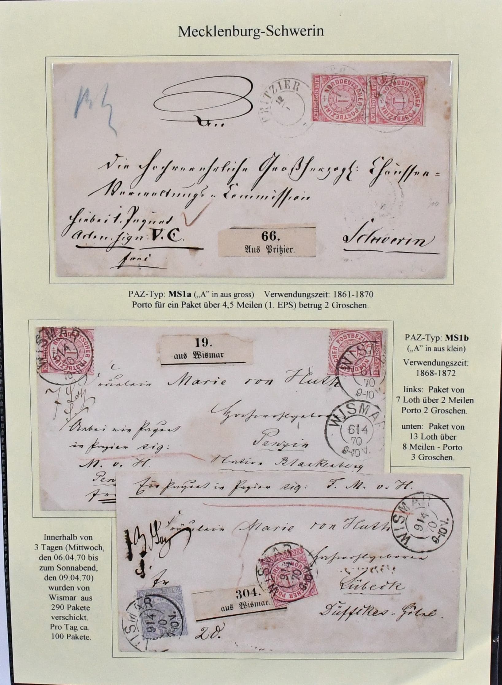 Los 6631 - Norddeutscher Postbezirk, Briefpartie mit 69 Belegen, dabei zehn frankierte Paketbegleitbriefe, u.a. MS-K2 "Pritzier", "Wismar", aus Vegesack mit großem Paketzettel, ferner fünf unfrankierte Paketbegleitbriefe, drei Ortsbriefe mit 1/2 Gr. EF etc., viele Stempel aus "Leipzig"
