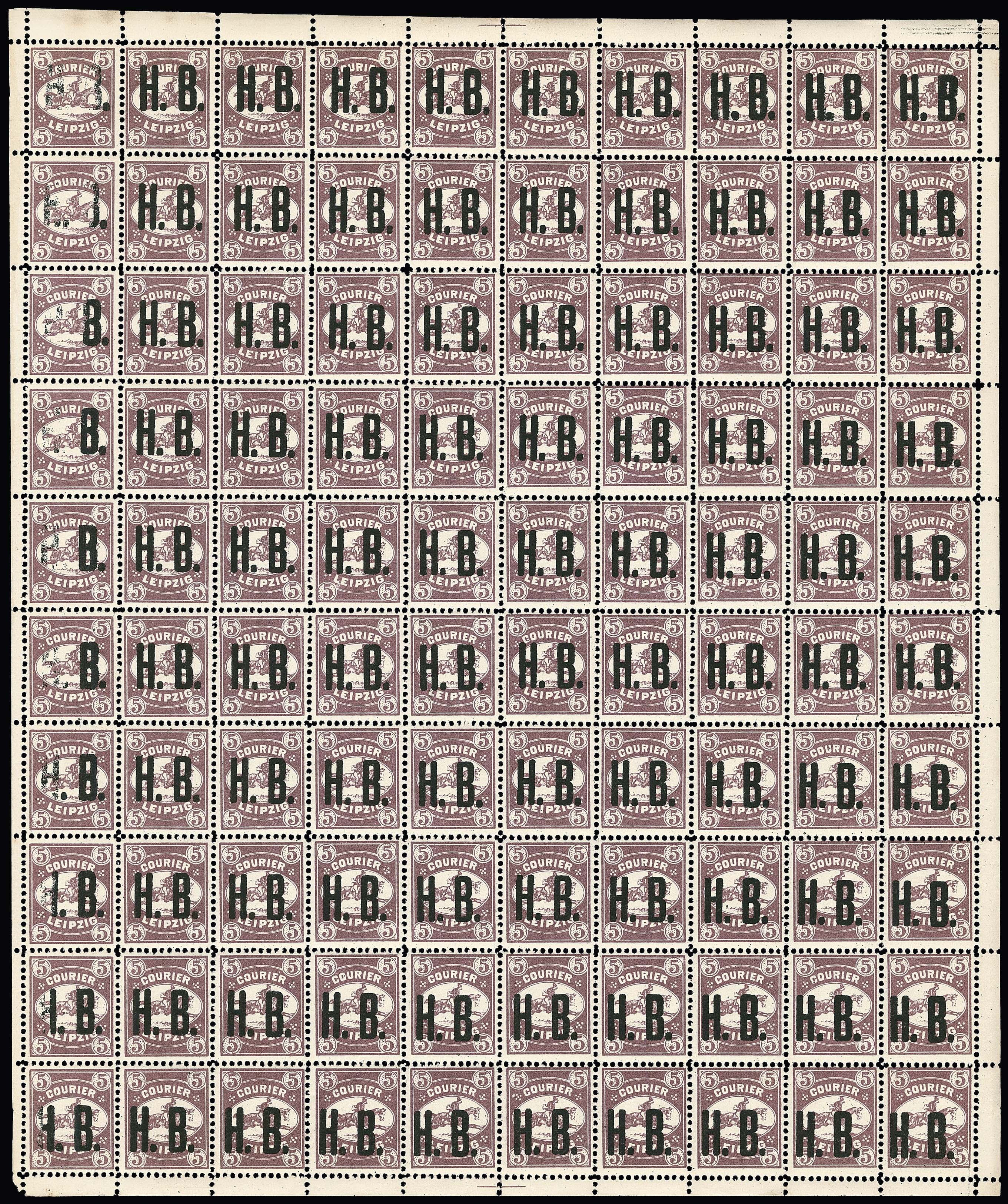 Los 2917 - Leipzig, Courier, 5 Pfg. mit Aufdruck "H.B." im postfrischen Bogen, linke Reihe mit Aufdruckabart "H von H.B. teils fehlend", als vollständiger Bogen sehr ungewöhnlich (Mi. 4000,- ++)
