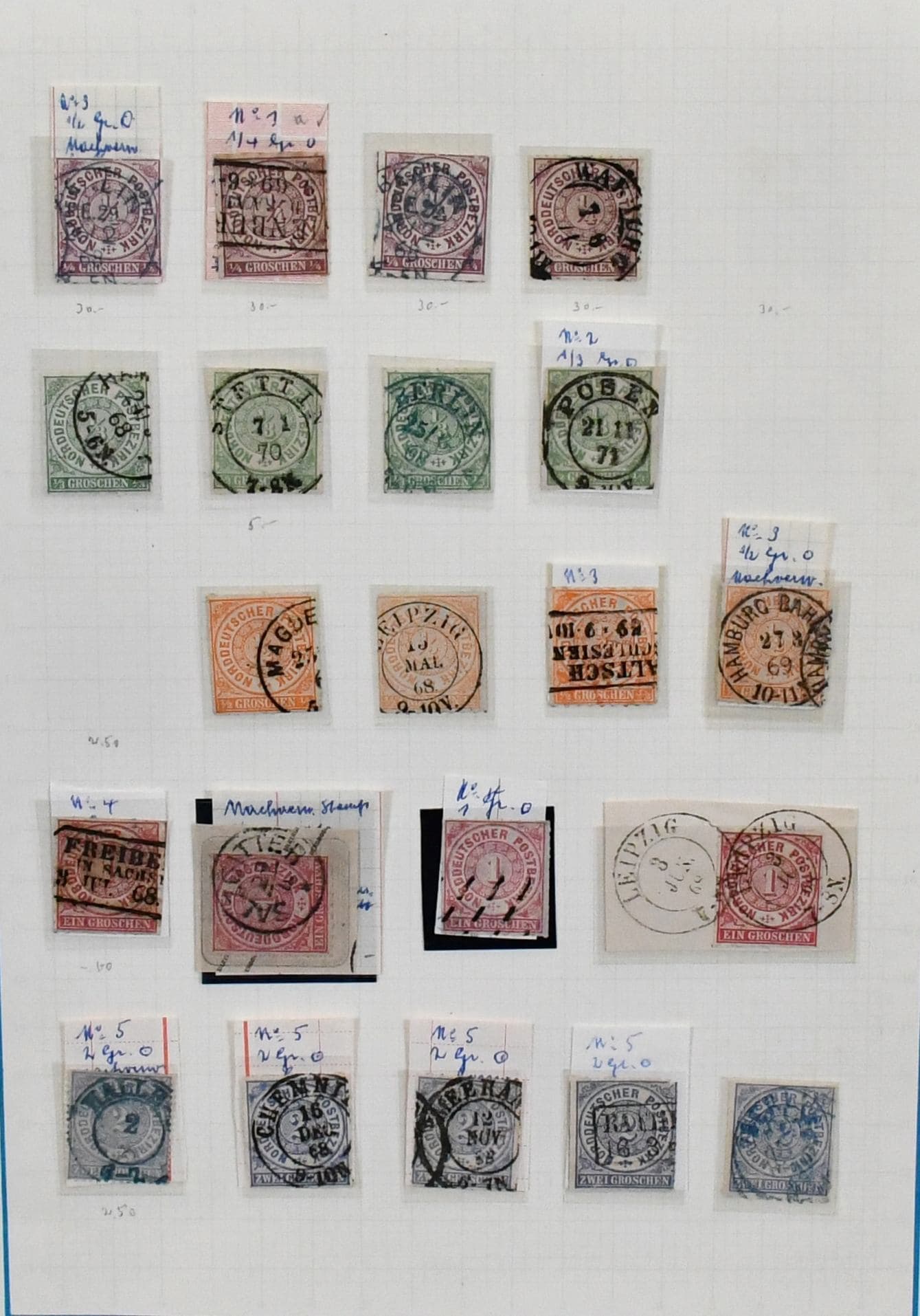 Los 6649 - NDP, alte Slg. auf Bl., ab viermal Nr. 1, dabei bessere Stempel wie Versuchsstrichstempel von Hamburg auf Nr. 4, 8(2), 11(3), 12(3), 20, 25-26(2), sowie Dienst komplett