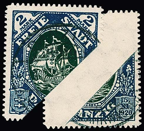 Los 3087 - 2 Mk. Kogge, Abart "geklebte Papierbahn" tadellos gestempelt "Danzig Neufahrwasser" (Zeitpunkt der Abstempelung nicht prüfbar). Mi. für postfrisch schon "-.-", gestempelt überhaupt nicht bewertet! Attest Gruber