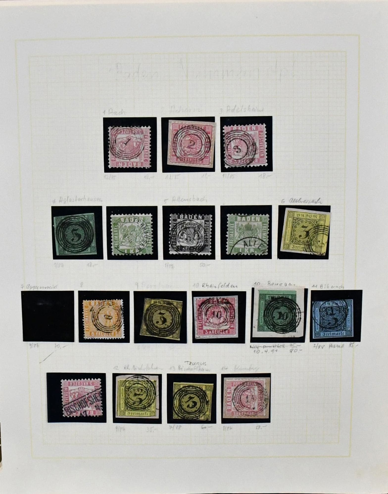 Los 5033 - Baden, Nummernstempel-Slg. mit 220 Werten von "1" bis "177", dabei bessere wie "5", "9", "22" nebst L1 "Burg" auf Briefvs., "44", "51", "77", "119", "120", "126" (in blau auf größerer Bogenecke Nr. 2b), "137" (!), "140", "147", "166", "170" und 176", dazu viele Werte mit Ortsstempel und ein kleiner Teil Uhrradstempel