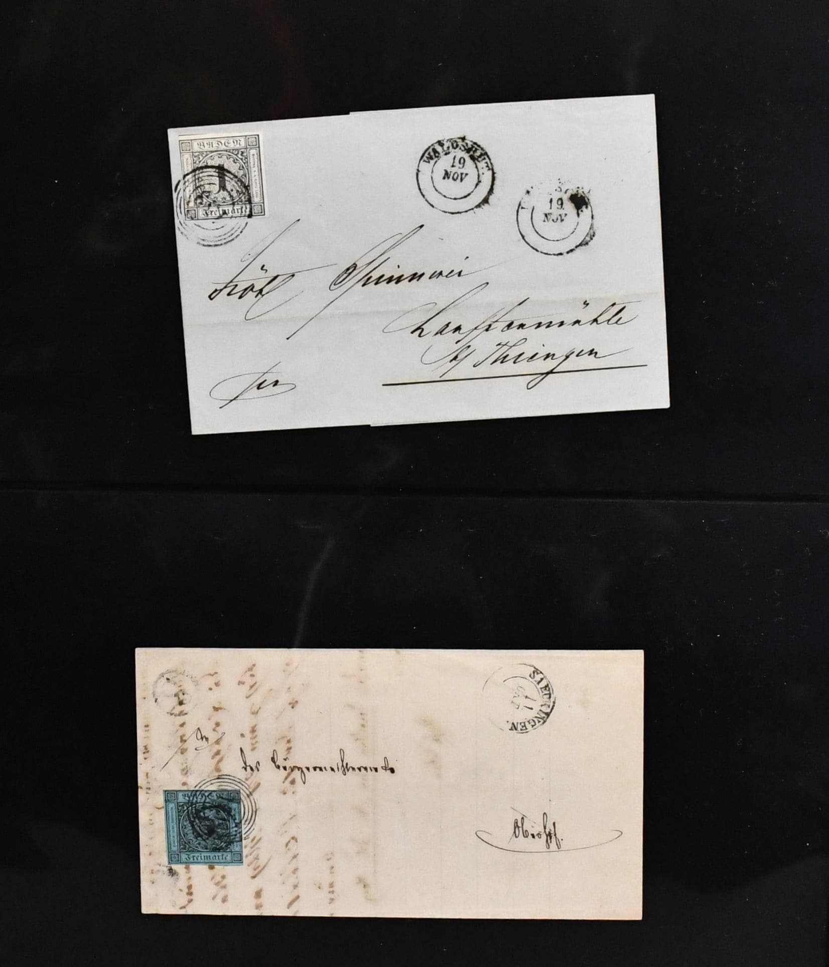 Los 5017 - Altdeutschland, urige Slg. von Baden bis Württemberg im Luxusalbum, Marken und Belege gesammelt, u.a. Baden mit Nr. 5 u. 8 als EF, Bayern Nr. 16 auf Brief, Oldenburg mit seltener EF Nr. 18B (alleine Mi. 6500,-, Fotoexp. Stegmüller), NDP mit Dienst Kreuzer kpl., Preußen, Sachsen usw.