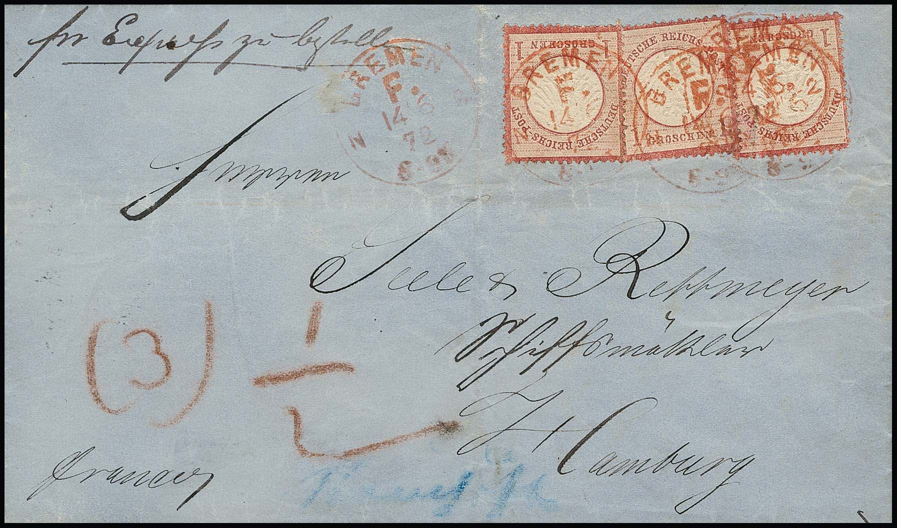 Los 2309 - 1 Gr. rosa per drei auf Expreß-Faltbrief, mit rotem K1 "Bremen F.N.2" als Markenentwertung, nach Hamburg. Die fehlenden 1/2 Gr. bar bezahlt, rechte Marke "eckrund" und Brief etwas knittrig, jedoch in vorliegender Form mit der irregulären roten Franko-Stempel-Entwertung von größter Seltenheit, Atteste Brugger, Hennies, Rummel