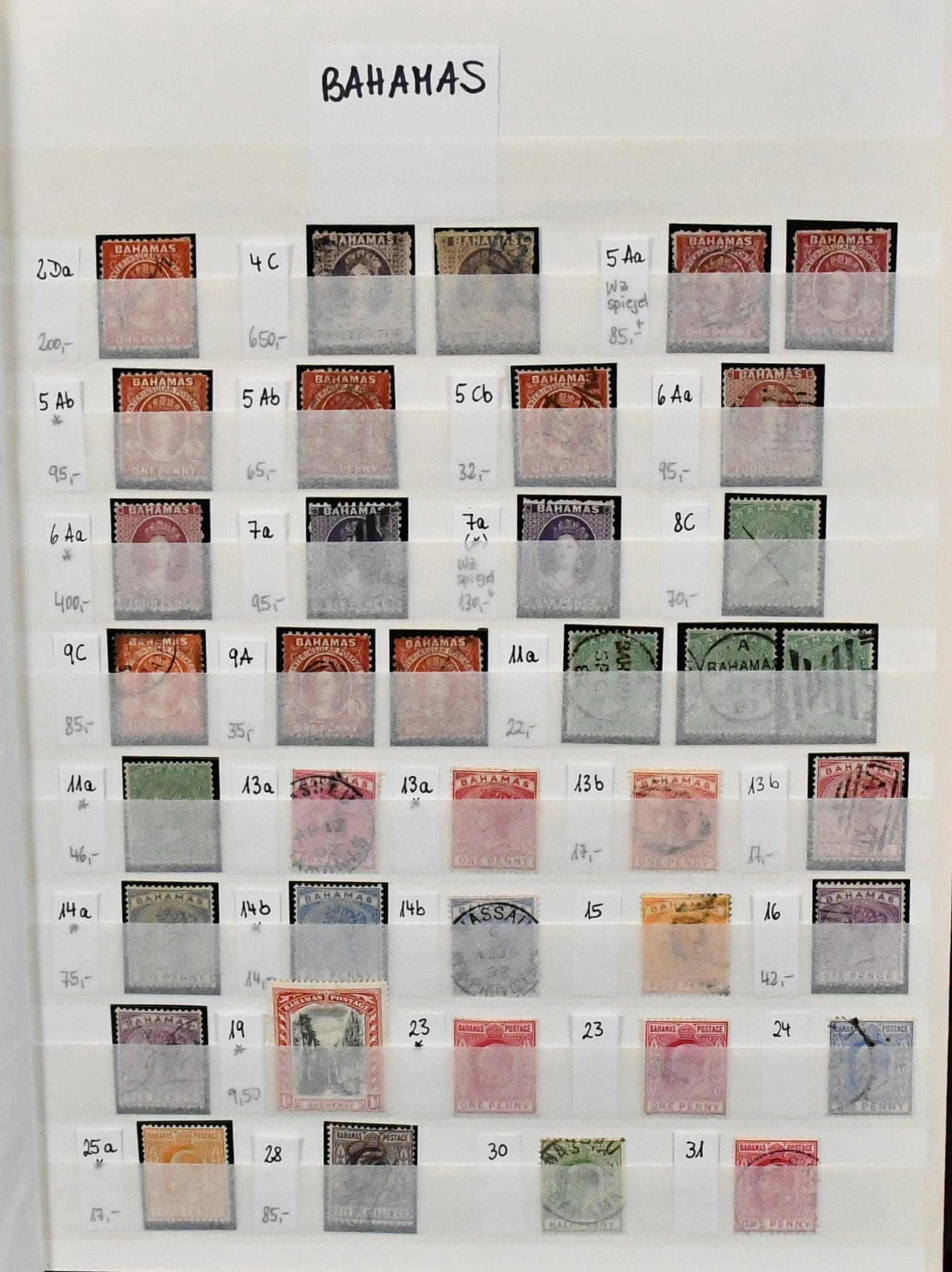 Los 6345 - Bahamas, 1860-1985, Slg. in beiden Erhaltungen im Steckbuch, dabei viele gute Werte wie z.B. Nr. 4C gest. (Mi. 650,-), 5Ab ungebr., 5C gest., 6Aa ungebr. (Mi. 400,-) und gest., 7Aa ungest., 16 gest., 31 ungebr., 32 mit kopfstehendem Wz. gest., 33 gest. usw.