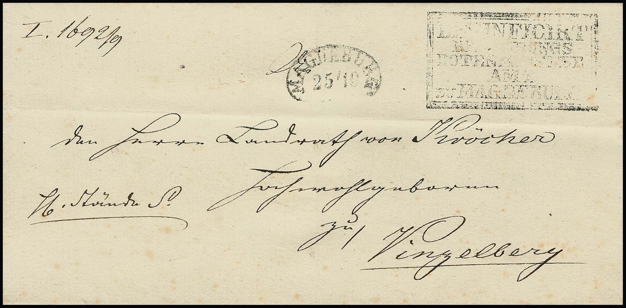 Los 35 - "Magdeburg", (1831), Nierenstempel und Ra4 "Desinficirt Regierungs Botenmeister Amt Magdeburg" auf leicht fleckigem Brief nach Vinzelberg, Feuser 1000,-