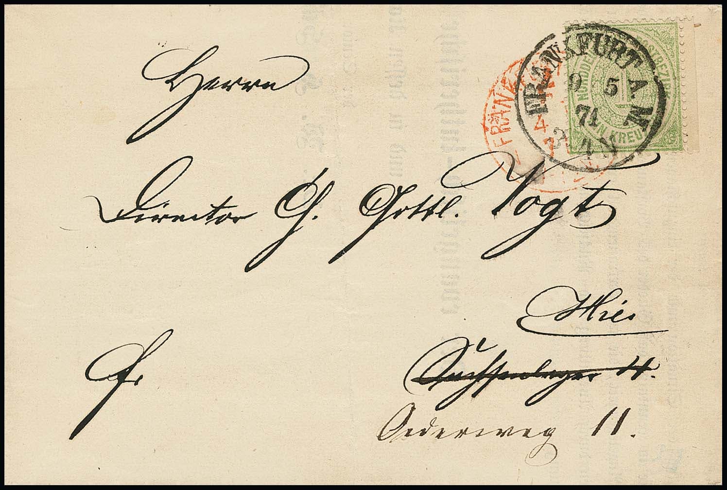 Los 2293 - 1871, sehr ungewöhnlicher "Ersttagsbrief" der Reichspost, erst am 4.5.1871 mit rotem Franko-K1 "Frankfurt a.M." als Orts-Drucksache gelaufen, nicht zustellbar, am 9.5.71 Randstück NDP 1 Kr. grün nachfrankiert und erneut zugestellt