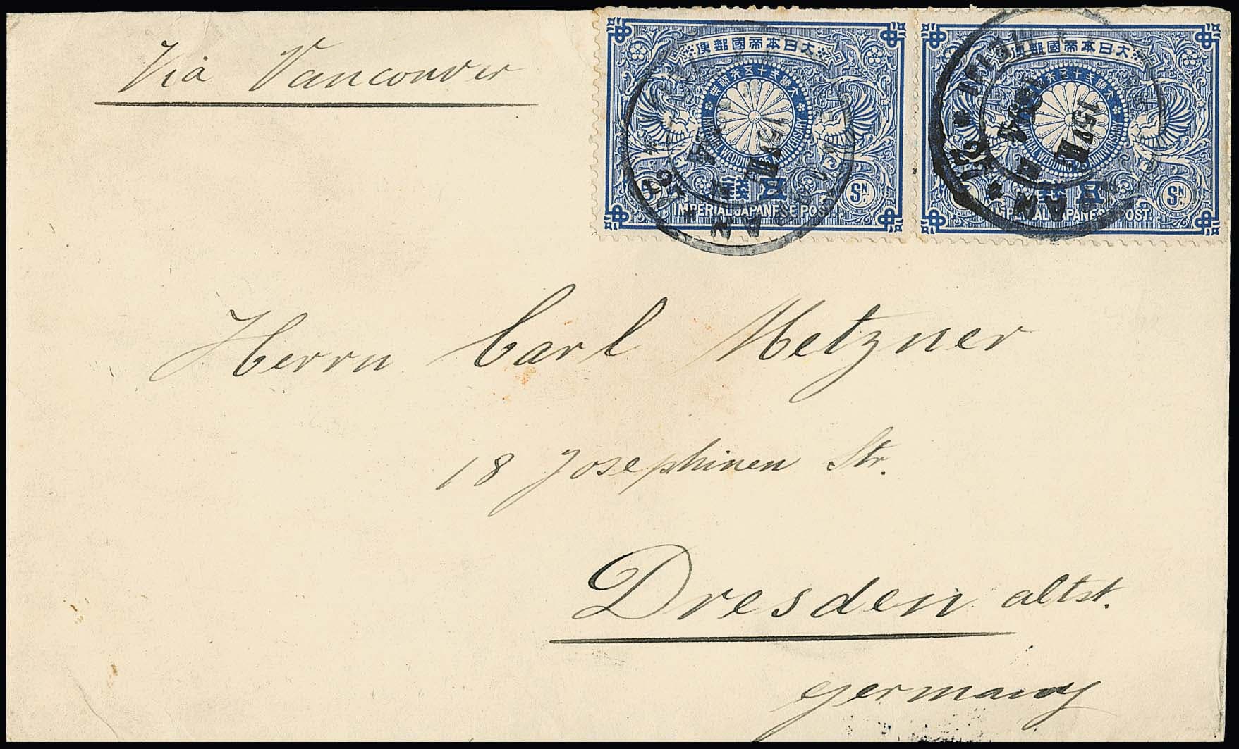 Los 4521 - Japan, 1889-1895, Korrespondenz von sieben Briefen aus Hiogo jeweils nach Dresden, dabei drei Doppelfrankaturen 5 S. blau, Silberhochzeit, aus Hiogo bei Kobe (mit Meiji-Stempel, einmal zusätzlich "Too Late"), eine Einzel- und eine Mehrfach-Frankatur 10 S. blau, letztere mit "Killerstempel" von Kobe, sowie je Einzel- (seltene Paquetboot-Entwertung von San Franzisko, Couvert kleiner Ausriß) und Mehrfach-Frankatur 10 S. braun. Seltene Korrespondenz!
