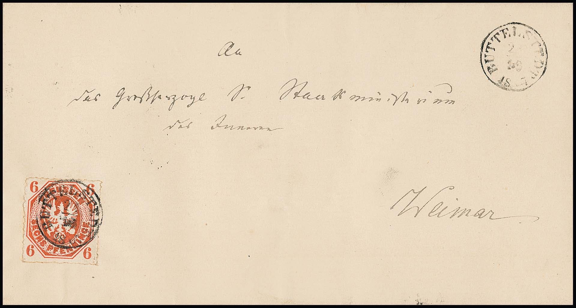 Los 1701 - "Buttelstedt", nachverw. Fingerhut-K1 auf Nahbereichsbrief mit Einzelfrankatur Preußen 6 Pfge. an das Innenministerium in Weimar, sowie auf Brief 1 Gr. NDP