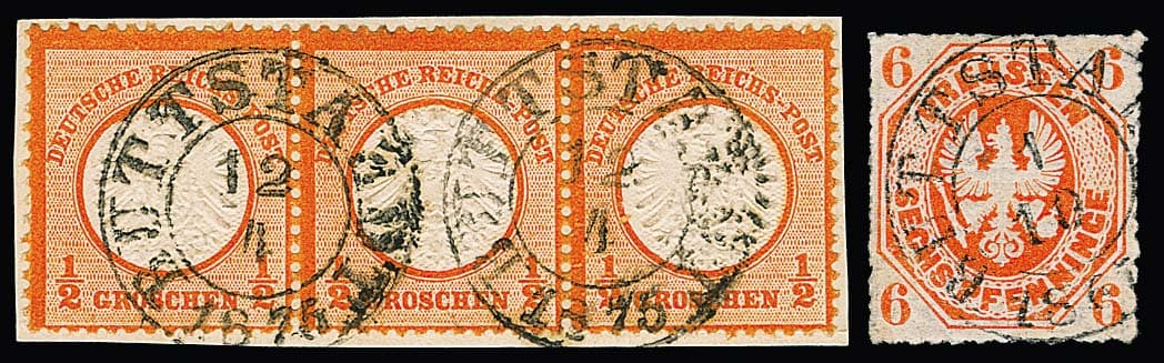 Los 1702 - "Buttstaedt", nachverw. K2 auf loser Preußen 6 Pfge., sowie auf zwei Briefstücken, 1 Gr. NDP bzw. Dreierstreifen 1/2 Gr. Brustschild