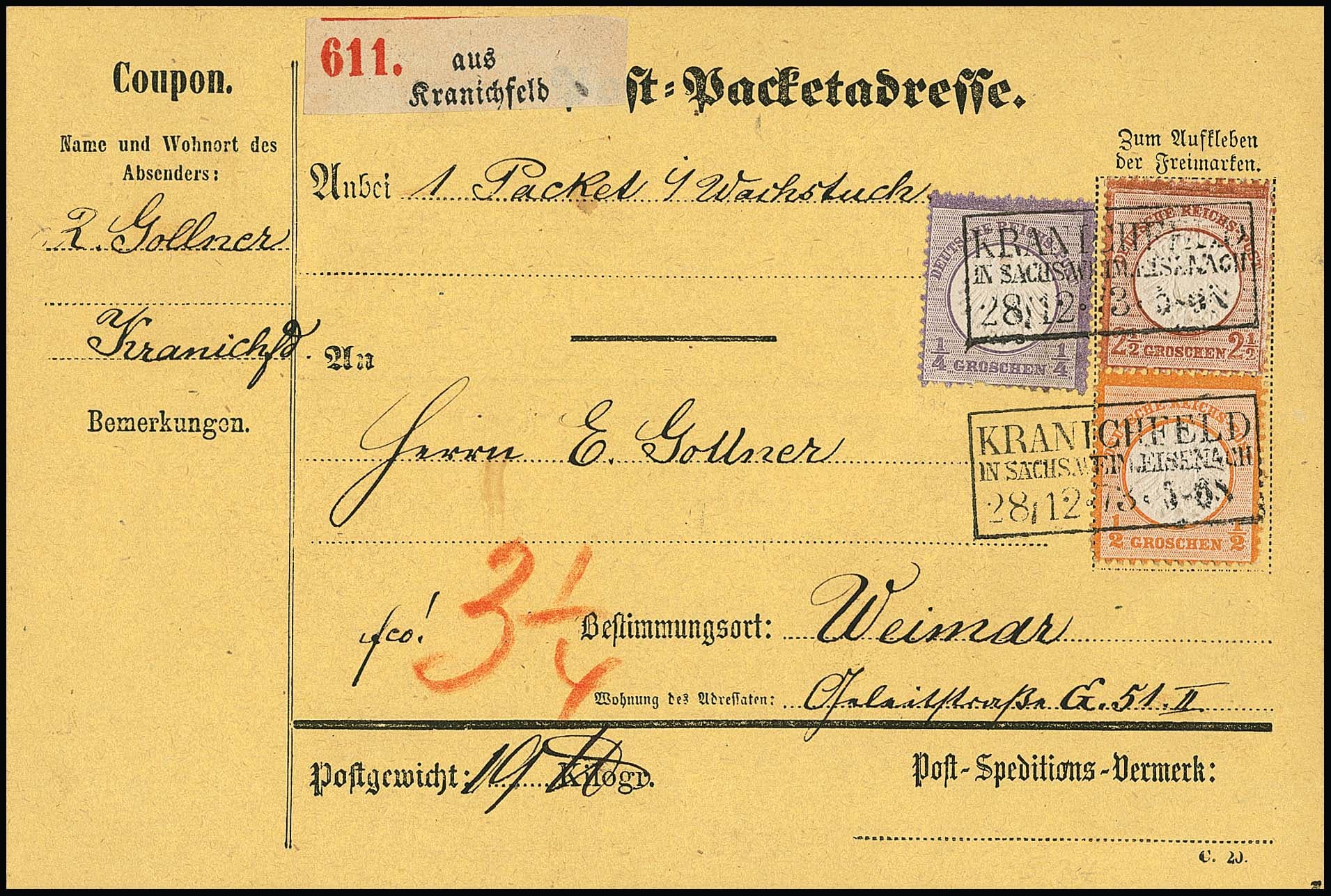 Los 2295 - 1/4 Gr. violett (unten ein Fehlzahn) nebst 1/2 Gr. orange und 2 1/2 Gr. rotbraun, großes Schild, auf frischer und dekorativer gelber Paketkarte mit Ra3 "Kranichfeld in Sachs. Weim. Eisenach" 1873
