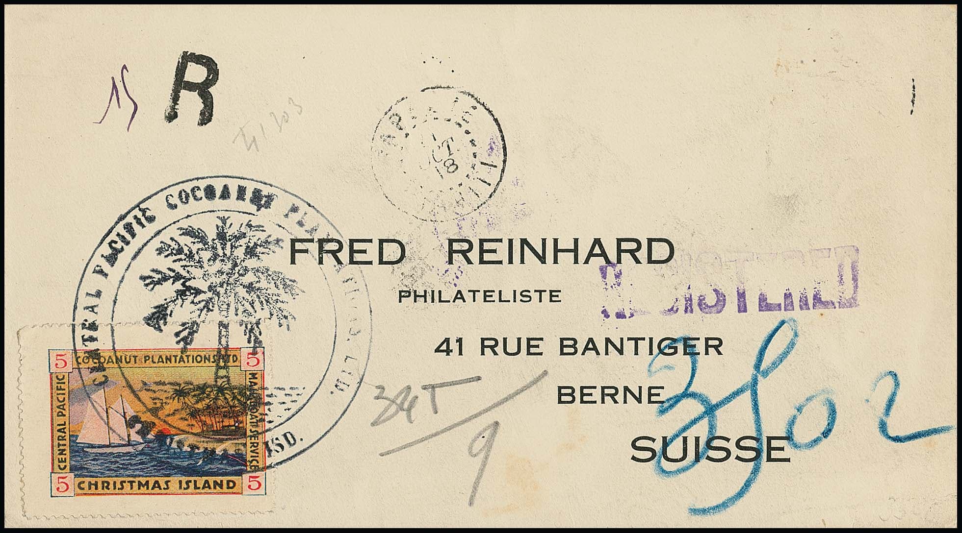 Los 4510 - Gilbert- u. Ellice-Inseln, 1918, 5 C., mehrfarbige Marke der Central Pacific Coconut-Plantations-Gesellschaft, an sich für den Inselverkehr auf Kirimati ("Christmas Island") vorgesehene Marke, hier jedoch in seltener Verwendung auf einem Einschreibebrief via San Franzisko/New York nach Bern/Schweiz, wobei eine weitere Marke (auf dem Postwege) abgefallen ist