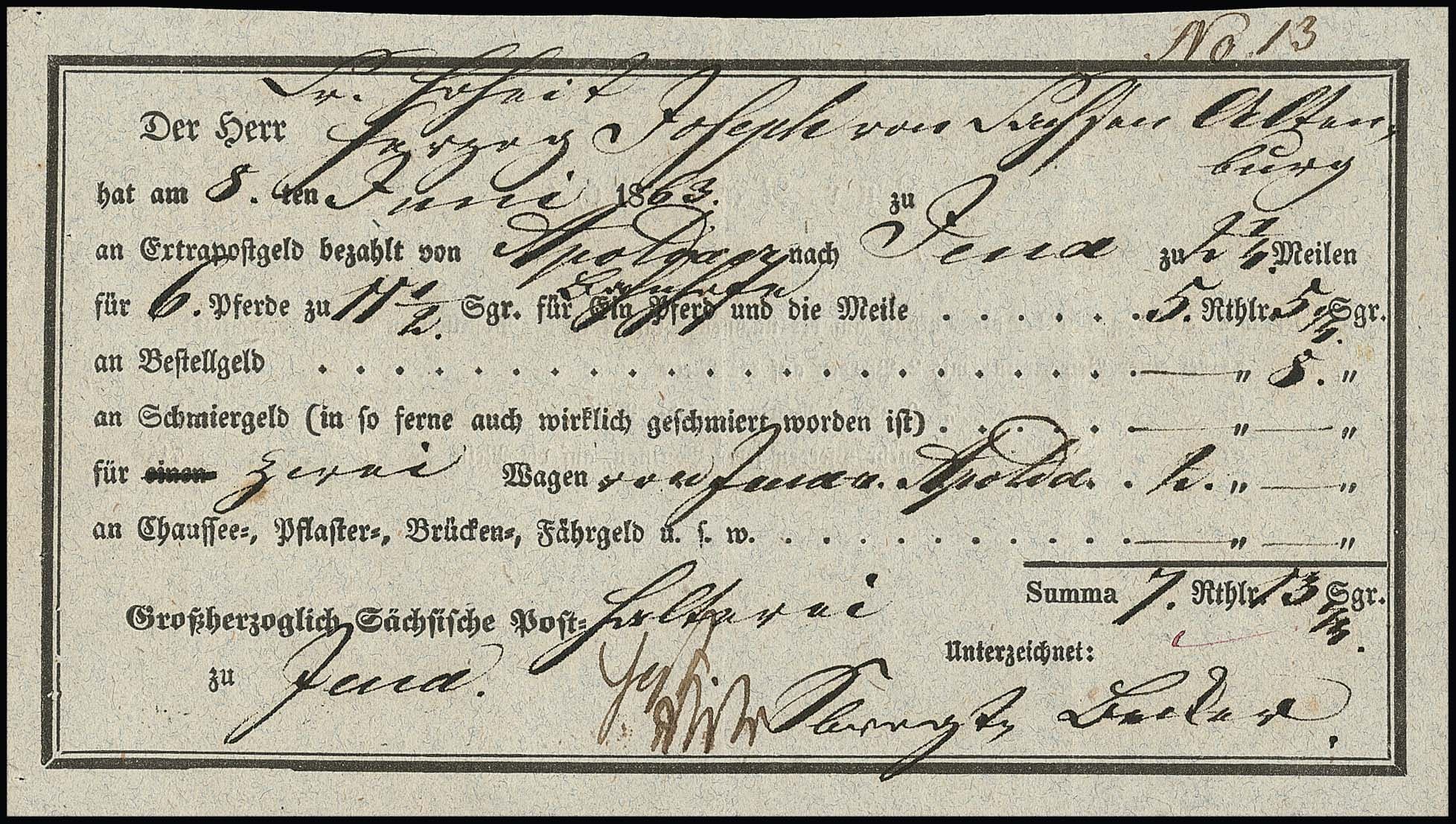 Los 1683 - "Apolda", 1863, Extra-Postschein für 6 Pferde nach Jena