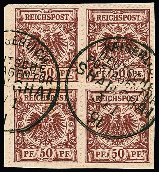 Los 2927 - Vorläufer Krone-Adler 50 Pfg. braunrot im Viererblock auf Briefstück mit K1 von Shanghai 1891, sign. Steuer. Mi. lose 680,- +