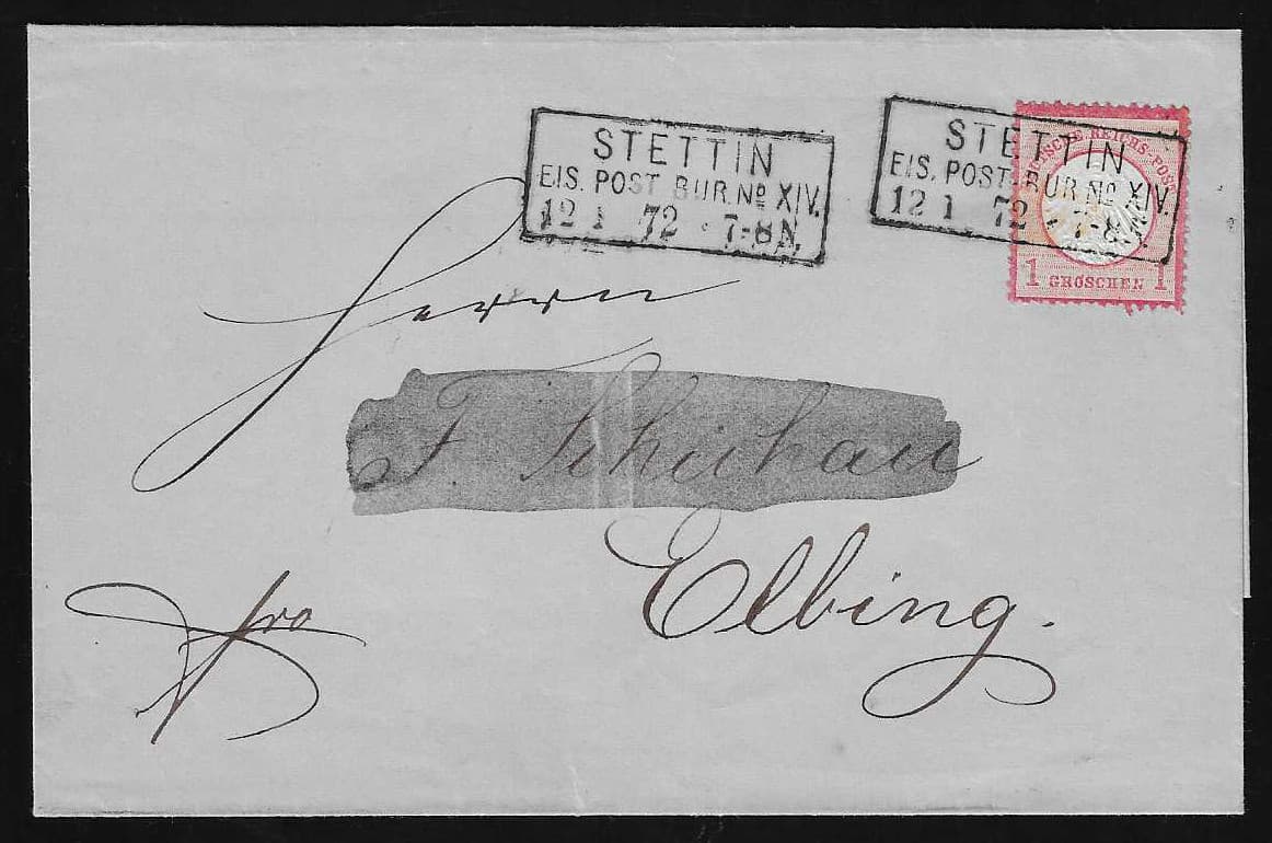 Los 2310 - 1 Gr. rosa, je Prachtstücke auf zwei Briefen mit seltenen Stettiner Eisenbahn-Ra3, "Eis. Post-Bur. Stettin" (Antiqua), sowie "Stettin Eis. Post-Bur. No. XIV" (Grotesk, 12.1.72, Adressname überschrieben). Attest bzw. Fotoexp. Brugger