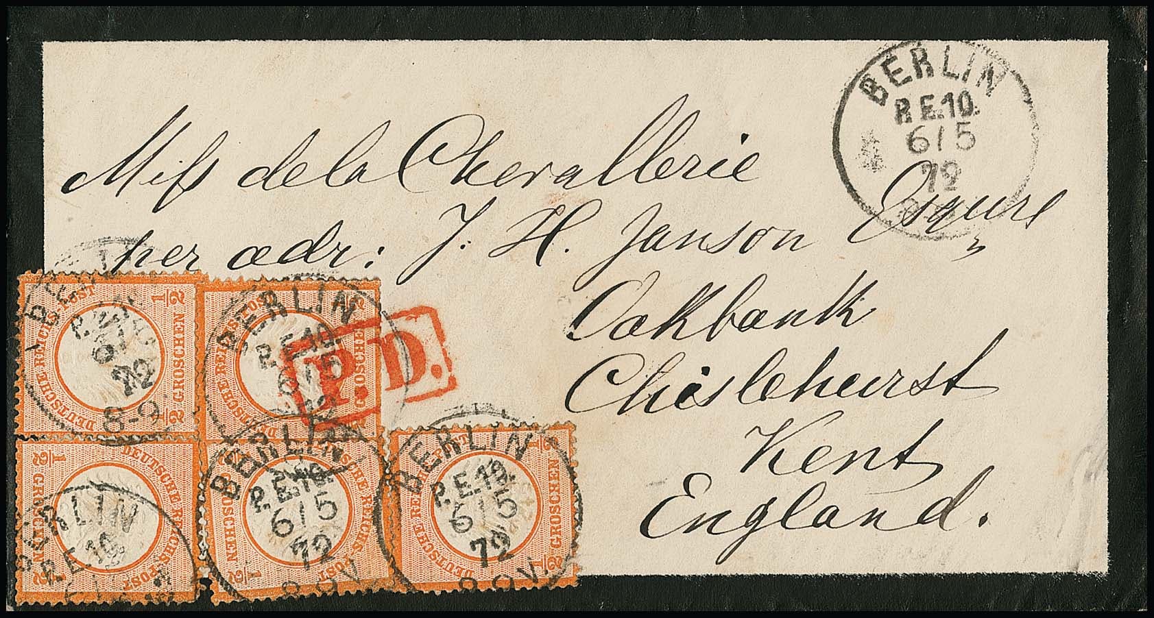 Los 2296 - Vier schwarz gerandete Trauerbriefe aus einer Korrespondenz kleines Brustschild von Berlin bzw. Charlottenburg 1872 nach Chislehurst/Oakbank in England. Trotz Mängeln interessante Korrespondenz, zweimal je mit 1/2 Gr. orangerot und Paar 1 Gr. rosa, einmal unterfrankiert und nicht nachtaxiert mit 1/4 Gr. dunkelviolett (Eckfehler) und Paar 1 Gr., sowie mit fünfmal 1/2 Gr. orange, kl. Schild (seltene Mehrfach-Frankatur dieser Marke)