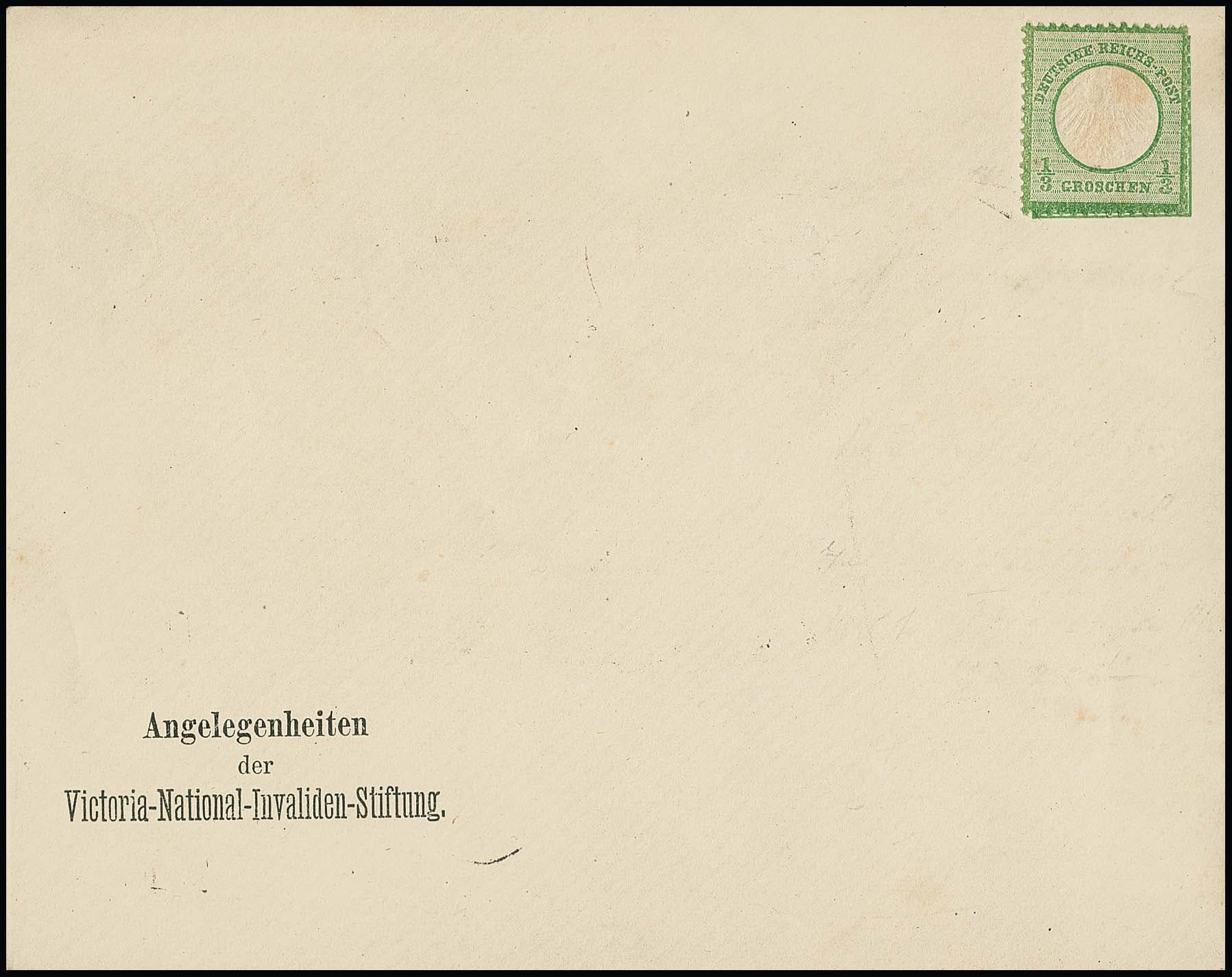 Los 2297 - Ganzsache 1/3 Gr. grün, kleines Schild, der Victoria-National-Invalidenstiftung, drei ungebrauchte Couverts, einmal NDP-Ganzsache mit 1/3 Gr. kl. Schild überklebt, sowie zweimal 1/3 Gr. grün in Formaten 151:130mm u. 182:119mm, letztere nur eine Auflage von 300 Ex., Meier zu Eissen 2000,- DM