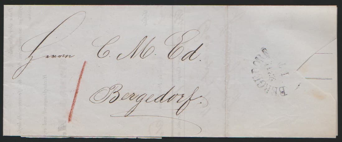 Los 785 - 1856/64, zwei Briefe je von Hamburg nach Bergedorf, einmal ohne Aufgabestempel, nur mit Taxe "1", einmal mit Hamburger Ovalstempel (Brief Faltspuren, vom Hamburger Gefängnis), je mit rs. Bergedorfer HK