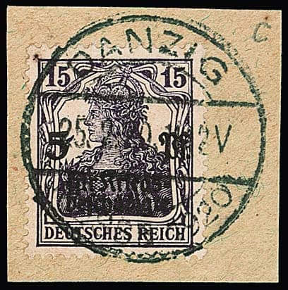 Los 3082 - Vorläufer Deutsches Reich 15 + 5 Pfg. Kriegsbeschädigte in guter Farbe auf Briefstück mit klarem Stempel "Danzig", sign. Oechsner, Infla. Mi. 700,-