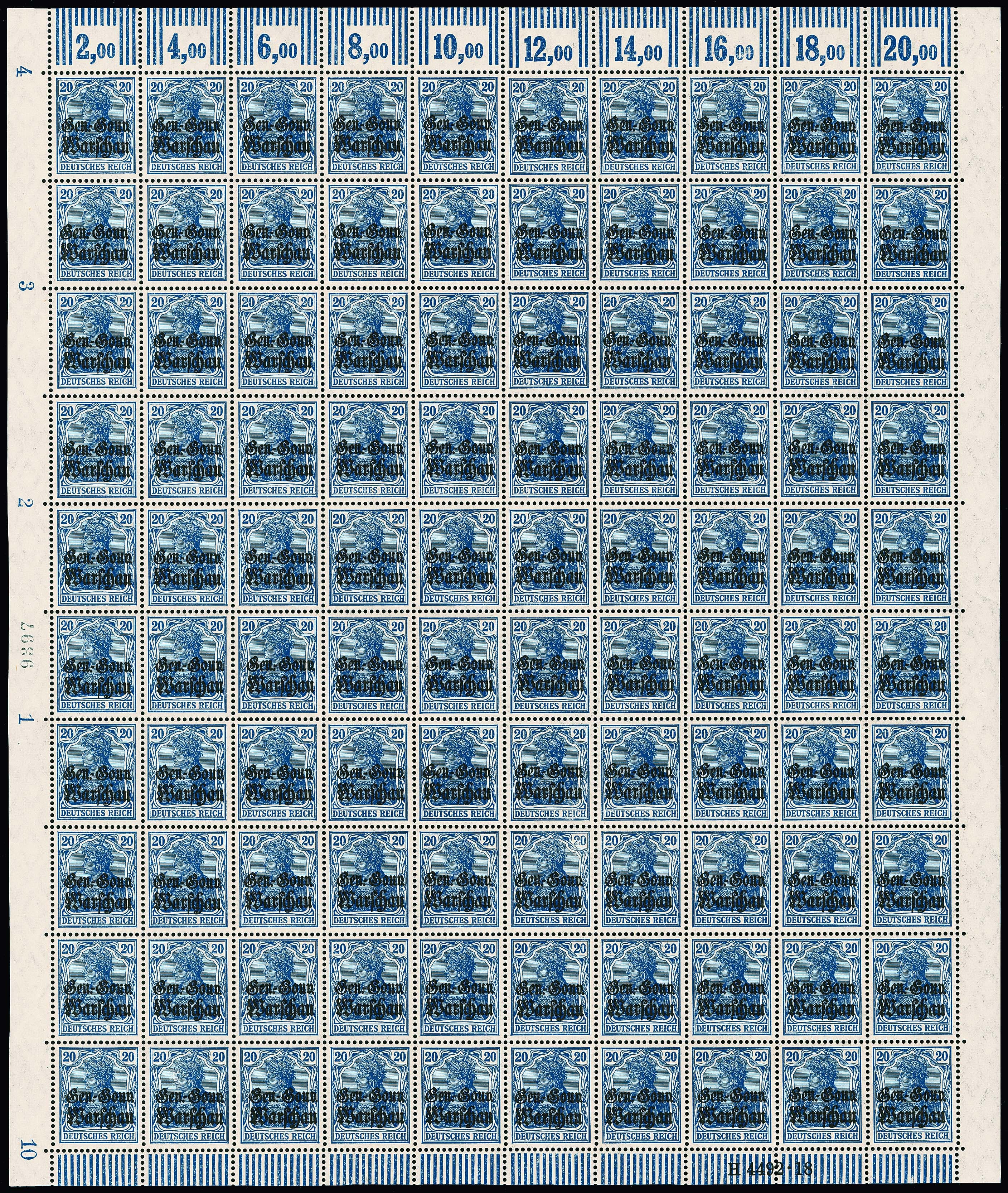 Los 3152 - 20 Pfg. in der seltenen Farbe "dunkelviolettblau" im kompletten postfrischen Walzendruck-Bogen zu 100 Marken mit Aufdruck-HAN "4492.18" sowie Bogenlauf- und Zählnummern links im Rand, im Oberrand viermal WOR "3'7'3" und sechsmal "2'9'2". Mi. lose 27660,-, Attest Wasels
