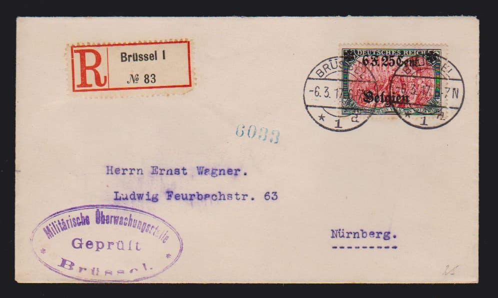 Los 3149 - 6 Fr. 25 C., Höchstwert (min. getönte Zahnspitzen) auf Zensur-Sammler-R-Brief aus Brüssel, Fotoexp. Wasels. Mi. 400,-