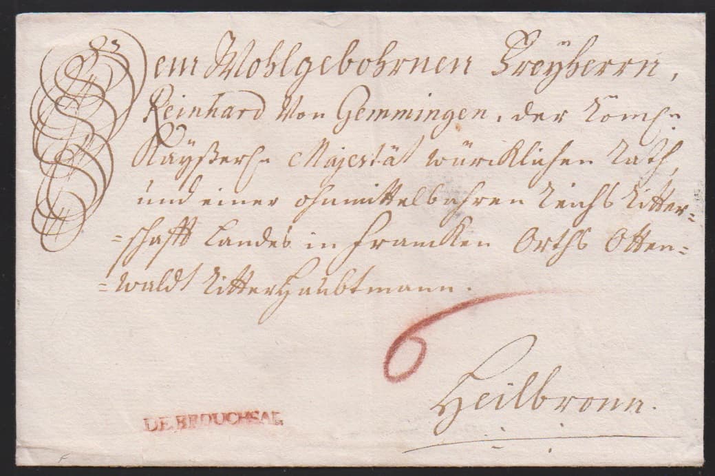 Los 1069 - "Bruchsal", (1747), erster L1 "DE BROUCHSAL" in rot klar auf Adelscouvert