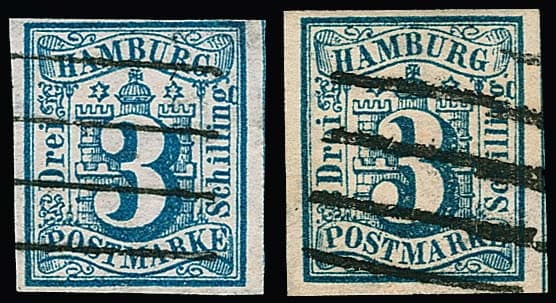 Los 922 - 3 Sch. preußischblau, zwei breitrandige gestempelte Kabinettstücke in leicht unterschiedlichen Nuancen, einmal sign. Lange. Mi. 320,-