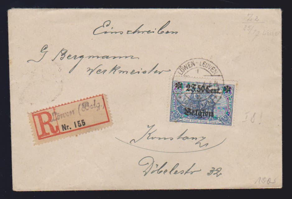 Los 3148 - 2 Fr. 50 C. in guter Zähnung (kl. Zf., Mi. lose 300,-) auf gelaufenem R-Brief aus Löwen