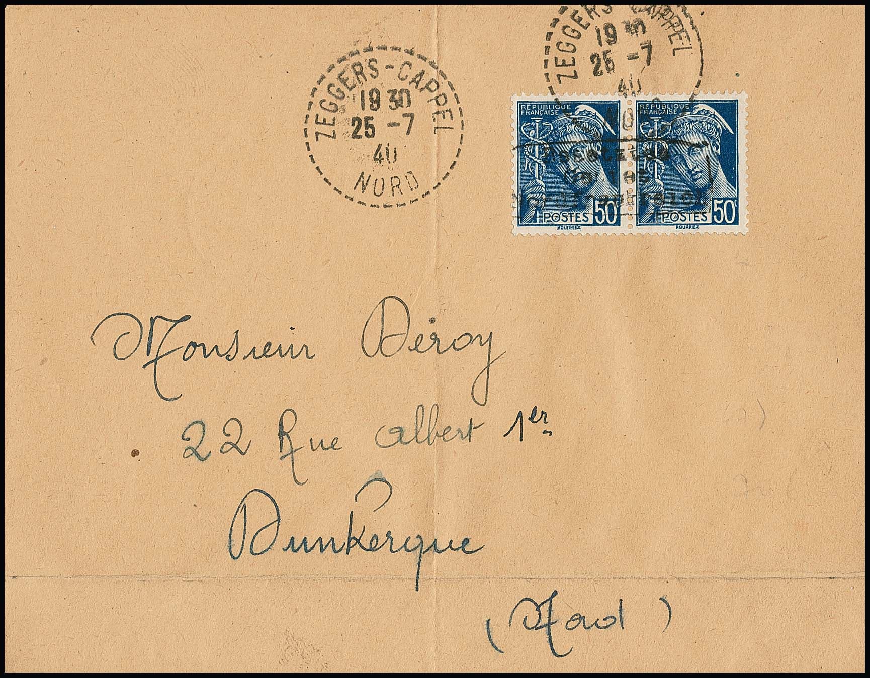 Los 3168 - Dünkirchen 50 C. Merkur im Paar mit Handstempelaufdruck in Type I auf gefaltetem Couvert mit hierauf seltener Abstempelung durch K1 "Zeggers-Cappel Nord", Attest Pieles. Mi. 600,- +