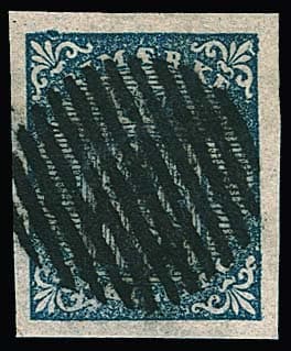 Los 4145 - 4 Sk. blau, breitrandiges Kabinettstück mit zentrischem Strich-Rundstempel und kleiner Retusche links oben