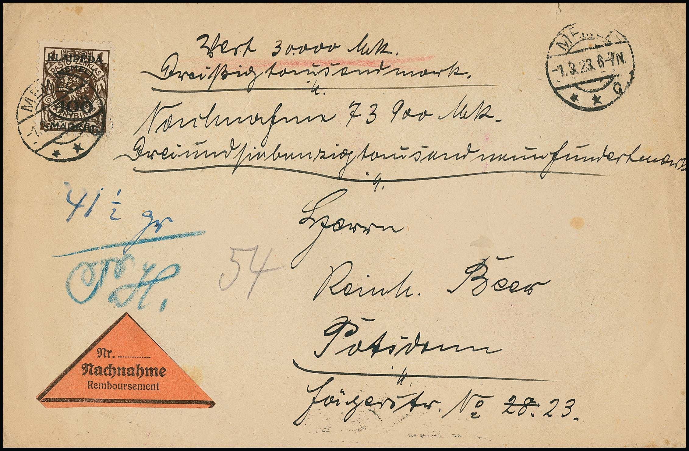 Los 3091 - 400 M. a. 1 L. als gute Einzelfrankatur auf Wert-NN-Brief (rs. Siegel abgefallen) von Memel, 1.3.23, nach Potsdam, ohne Nachporto befördert