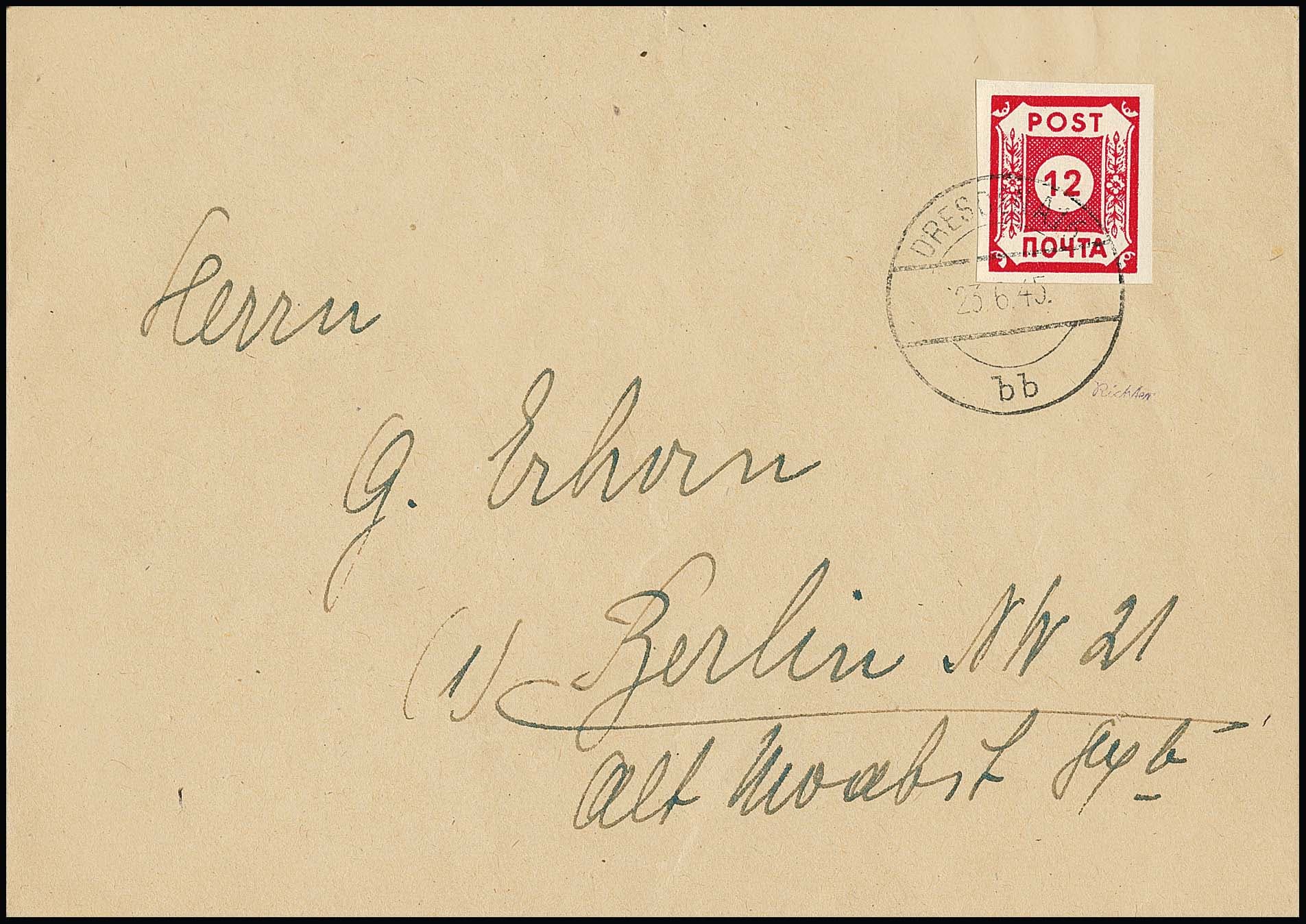 Los 3524 - "POTSCHTA", Ölfarbe, mit Plattenfehler "Dorn am untersten Blatt" auf typisch gefälligkeitsgestempeltem Brief, sign. Ströh. Mi. lose 1000,-