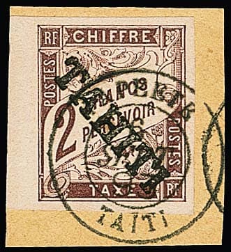 Los 4514 - Tahiti, 1893, Portomarke 2 Fr. rotbraun, der Höchstwert vom Rand auf tadellosem Briefstück, sign. Köhler, Thier. Mi. 1000,-